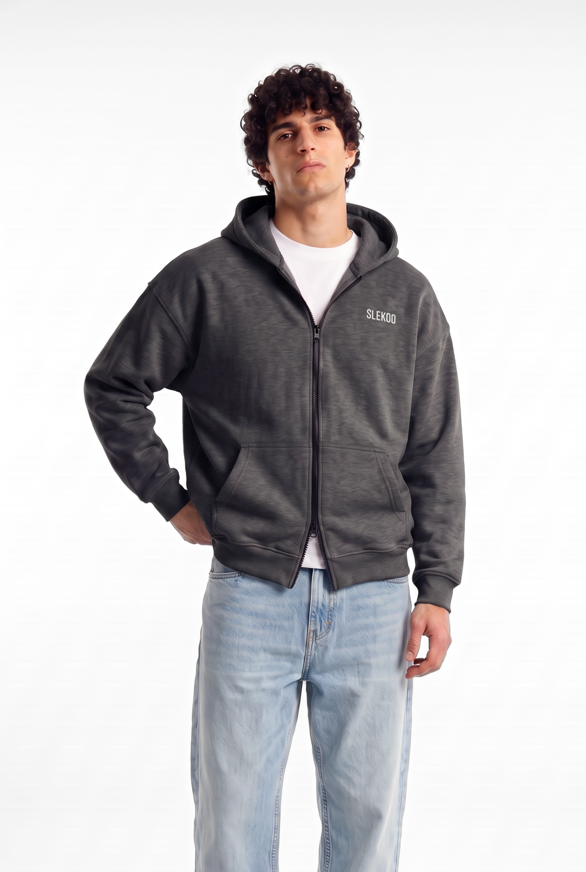 Unisex Stone Grey Oversize 2 Way Zipper Hoodie