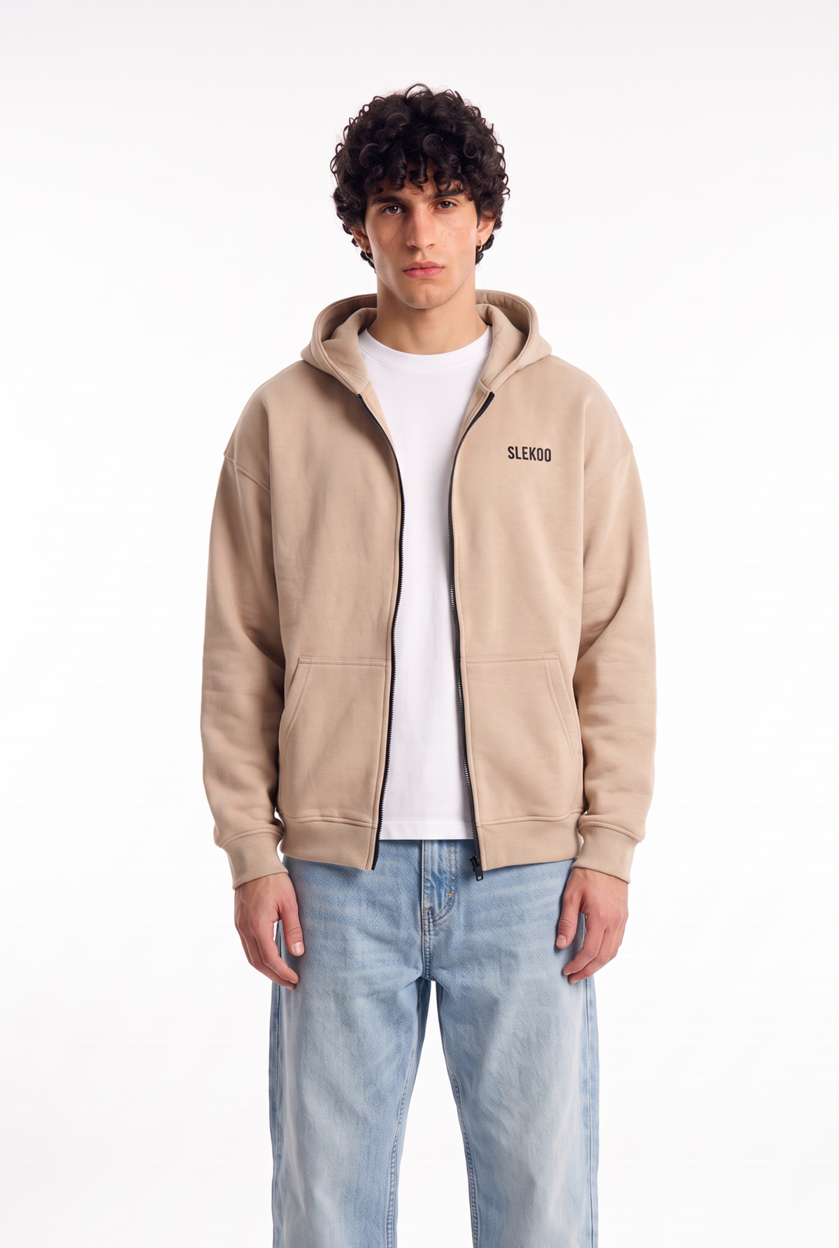 Unisex Beige Oversize 2 Way Zipper Hoodie
