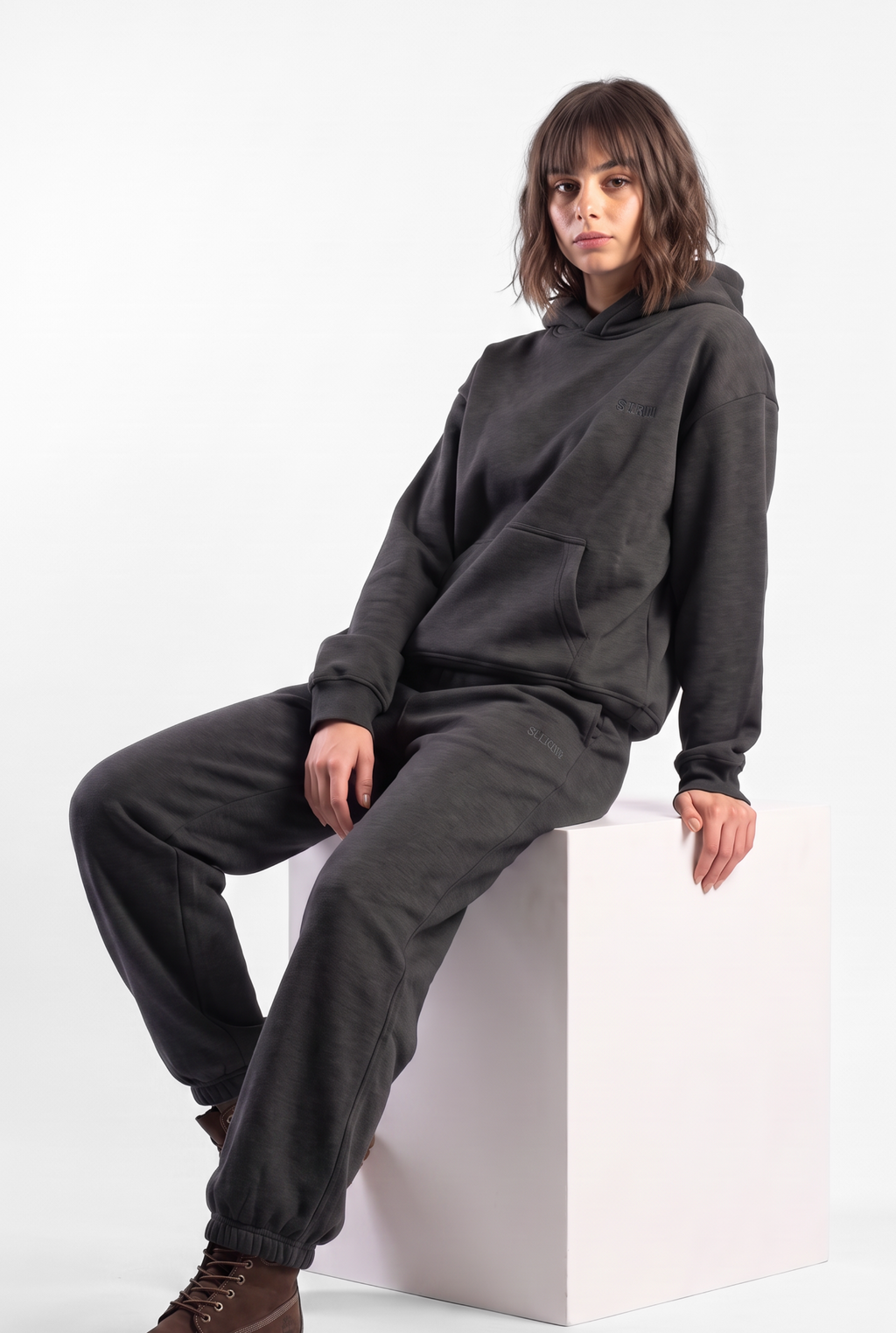 Basics Unisex Stone Grey Tracksuit Oversize Hoodie & Closed Bottom Sweatpants