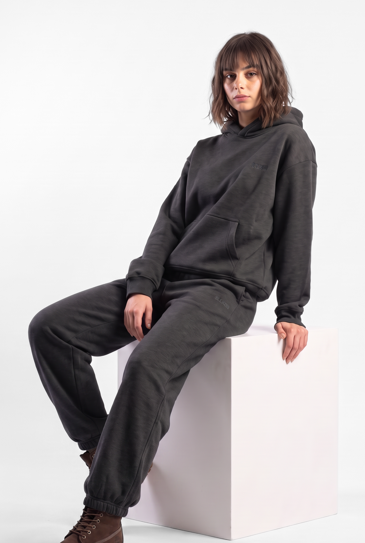 Basics Unisex Stone Grey Tracksuit Oversize Hoodie & Closed Bottom Sweatpants