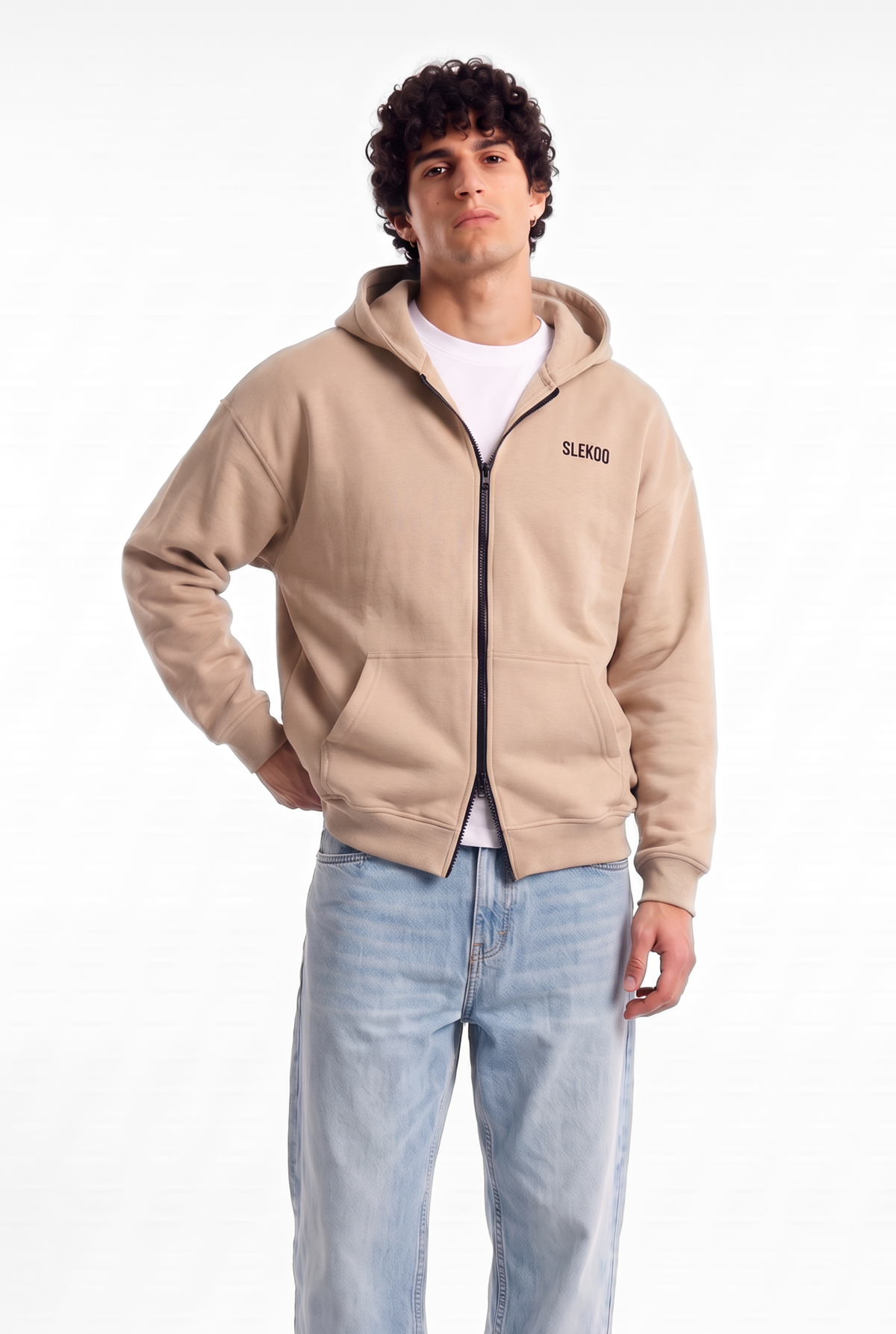 Unisex Beige Oversize 2 Way Zipper Hoodie