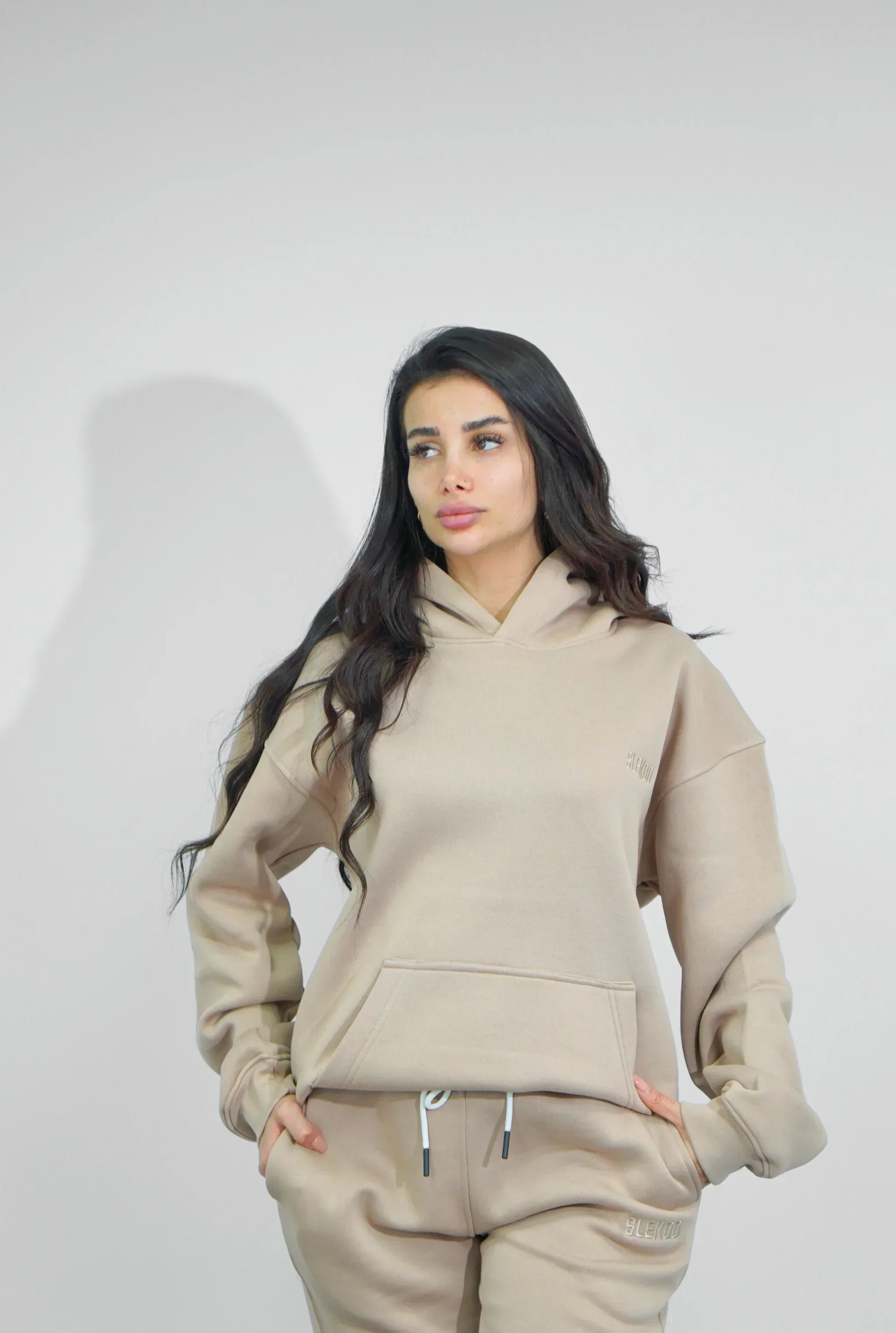 Basics Unisex Beige Tracksuit Oversize Hoodie & Closed Bottom Sweatpants V1