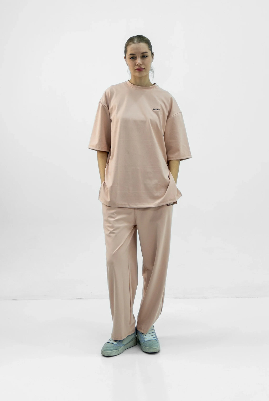 Unisex Pink Beige Oversize Relaxed Fit T-shirt & Baggy Pants Set