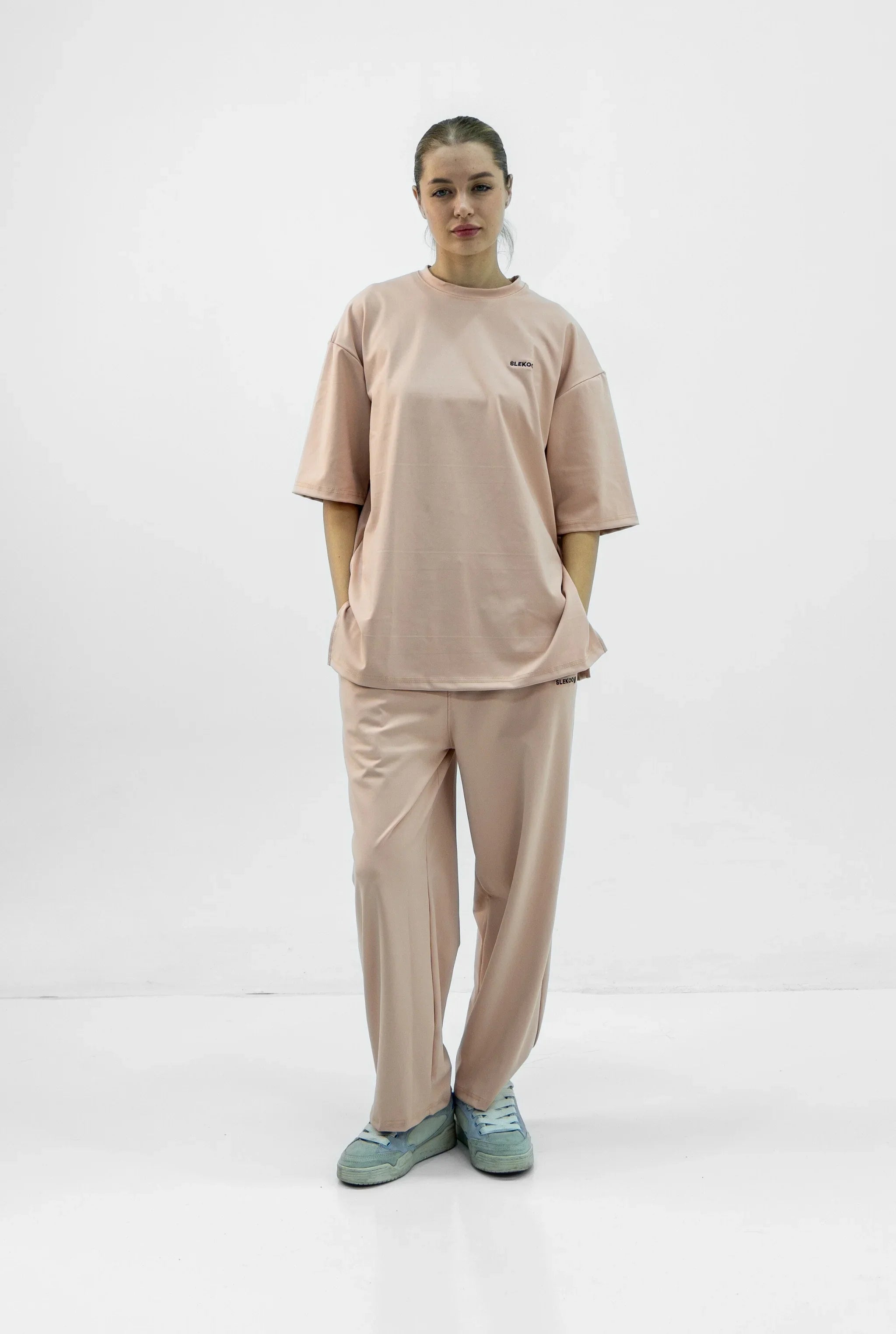 Unisex Pink Beige Oversize Relaxed Fit T-shirt & Baggy Pants Set