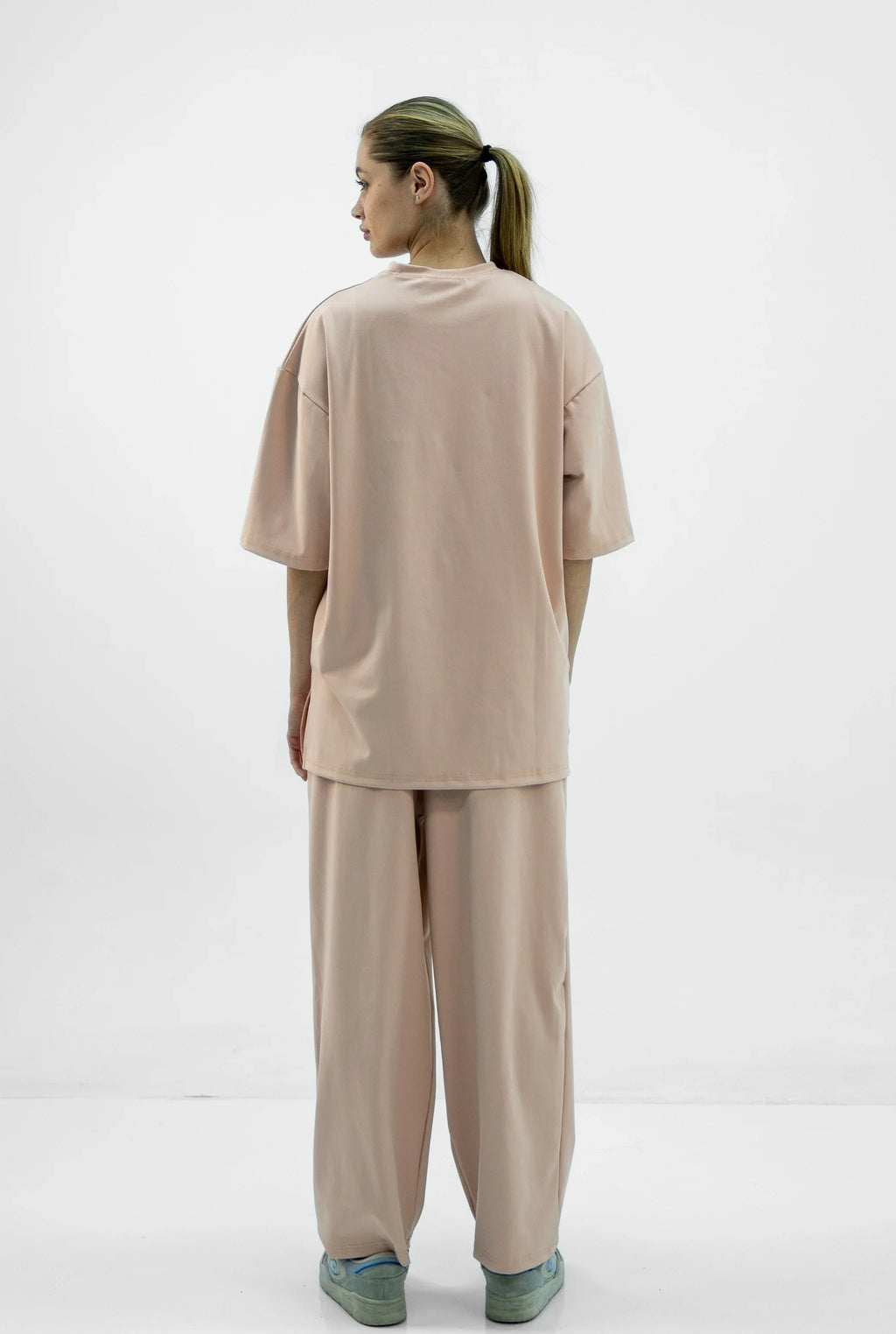 Unisex Pink Beige Oversize Relaxed Fit T-shirt & Baggy Pants Set