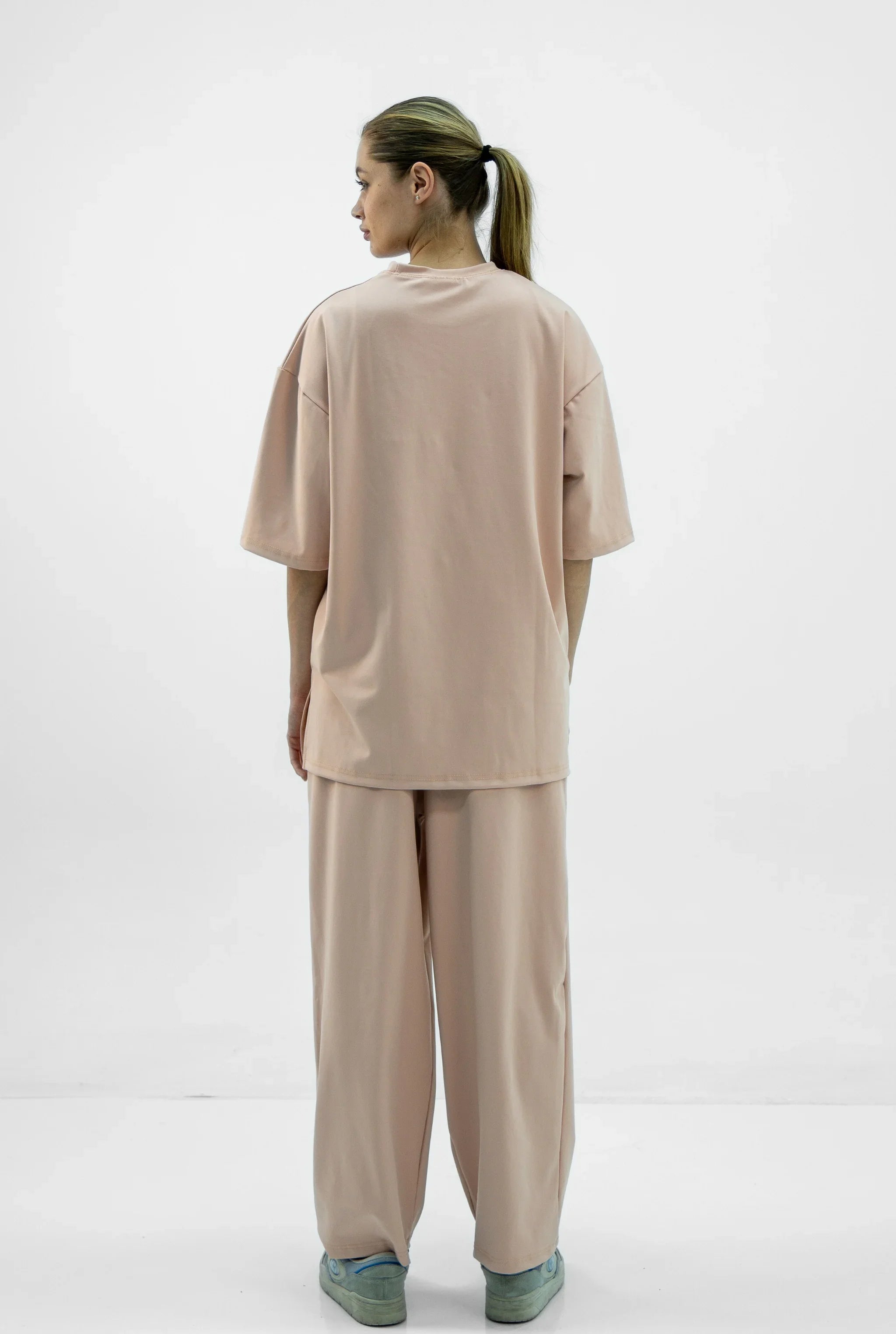 Unisex Pink Beige Oversize Relaxed Fit T-shirt & Baggy Pants Set
