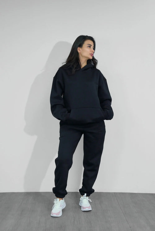 Basics Unisex Black Tracksuit Oversize Hoodie & Closed Bottom Sweatpants V1
