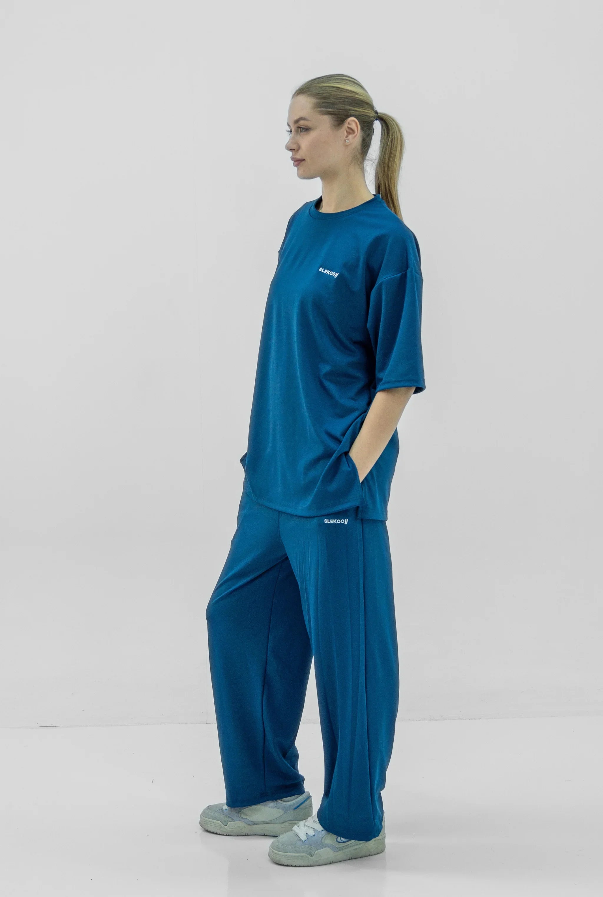 Unisex Teal Oversize Relaxed Fit T-shirt & Baggy Pants Set