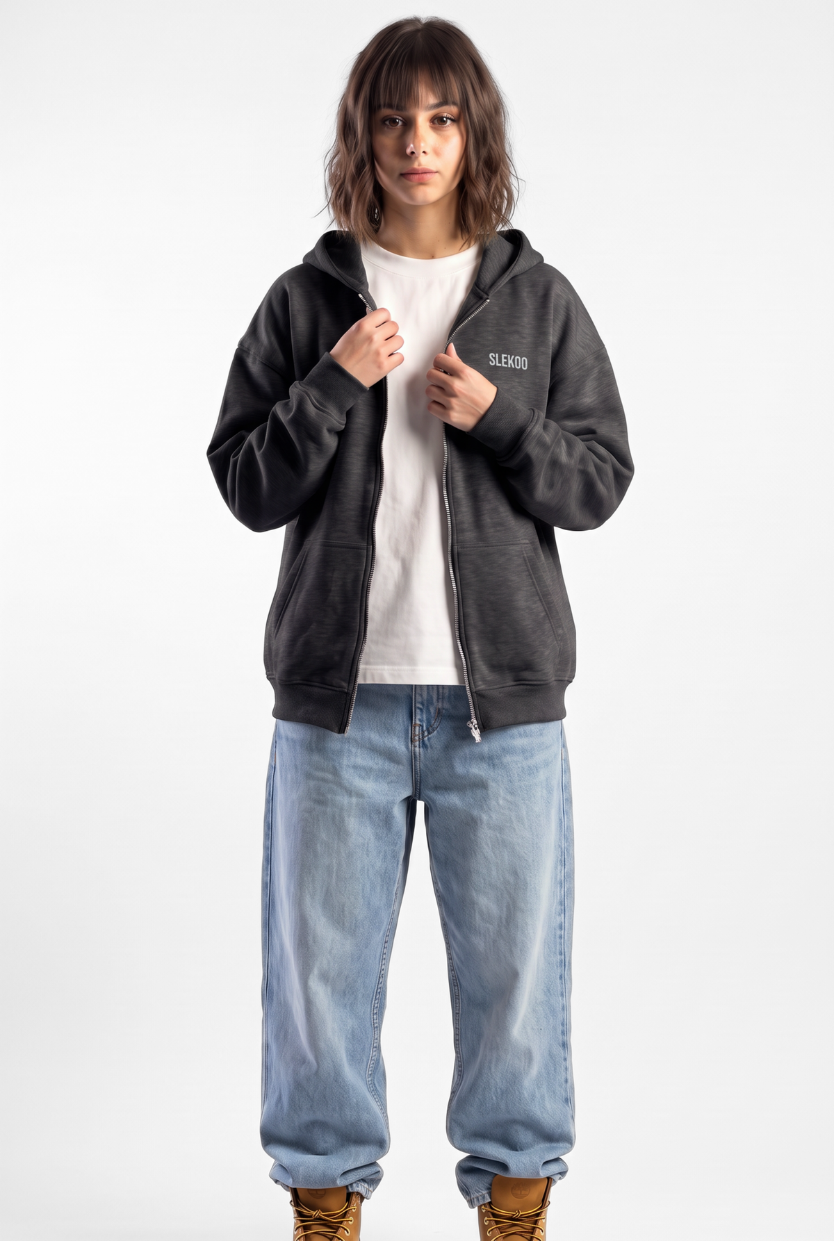 Unisex Stone Grey Oversize 2 Way Zipper Hoodie