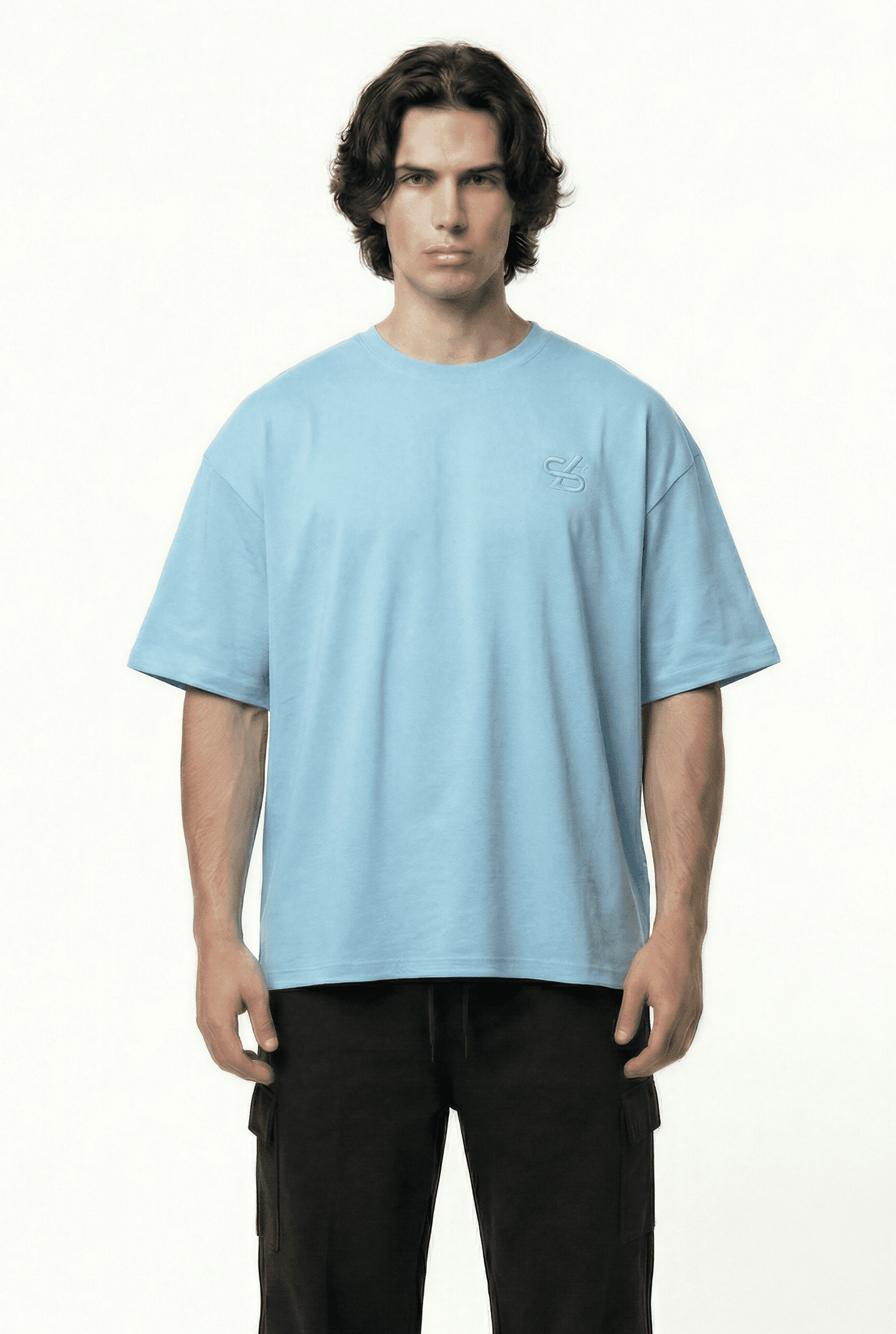 Basic Baby Blue Oversize T-Shirt & Baggy Cargo Pants Set