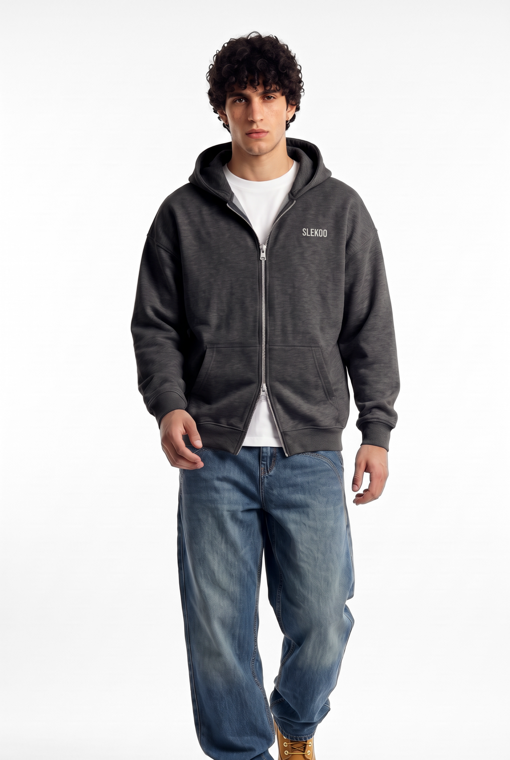 Unisex Stone Grey Oversize 2 Way Zipper Hoodie