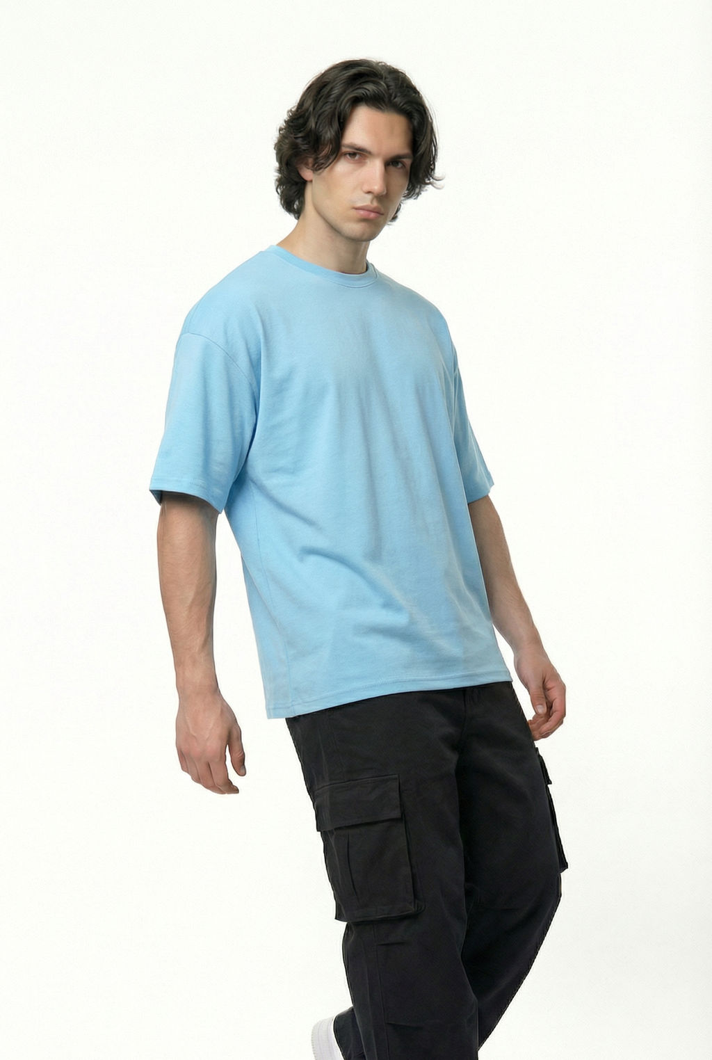Basic Baby Blue Oversize T-Shirt & Baggy Cargo Pants Set