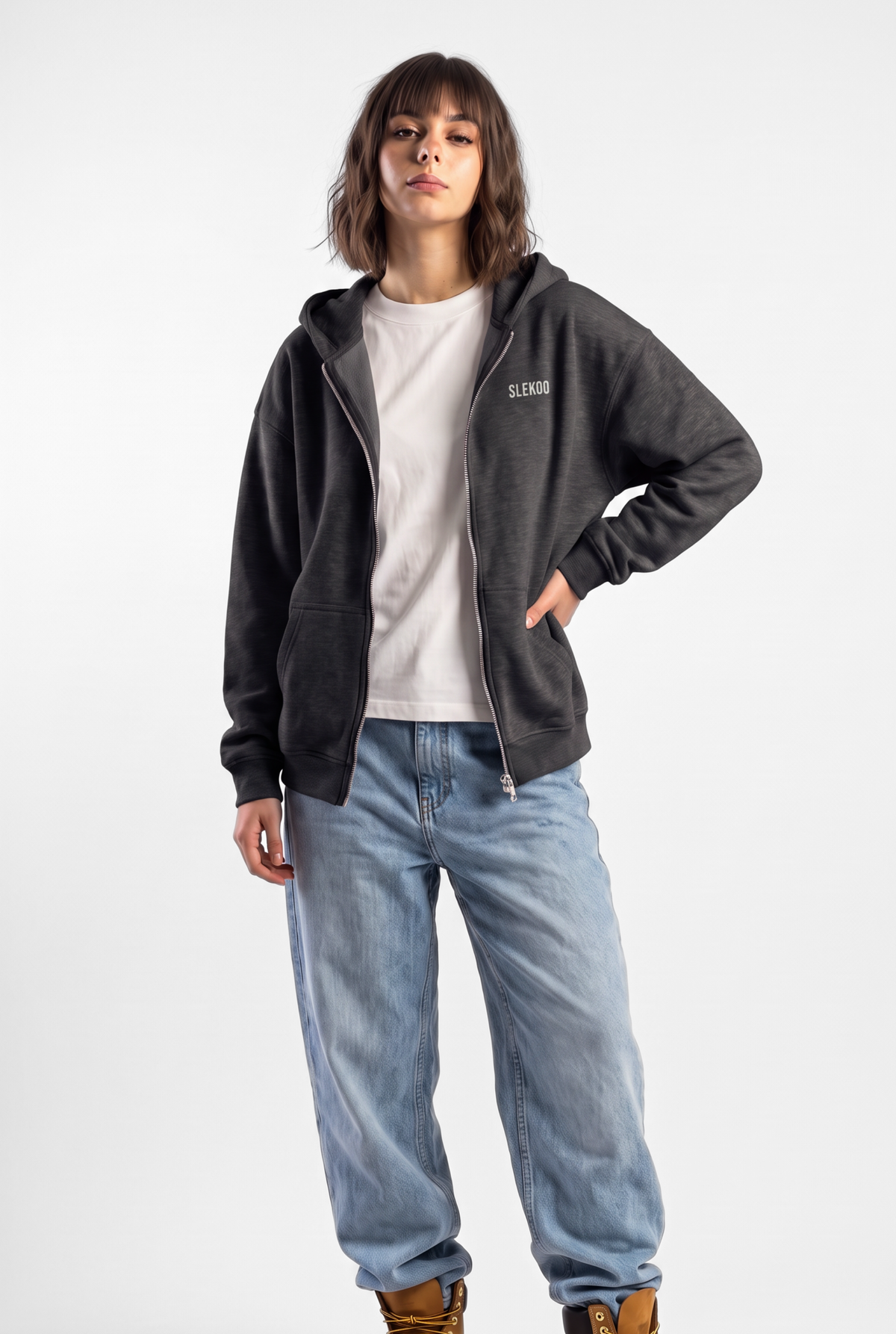 Unisex Stone Grey Oversize 2 Way Zipper Hoodie