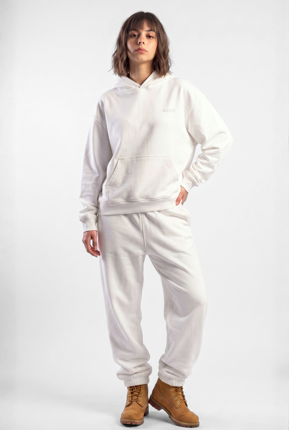 Basics Unisex White Tracksuit Oversize Hoodie & Closed Bottom Sweatpants