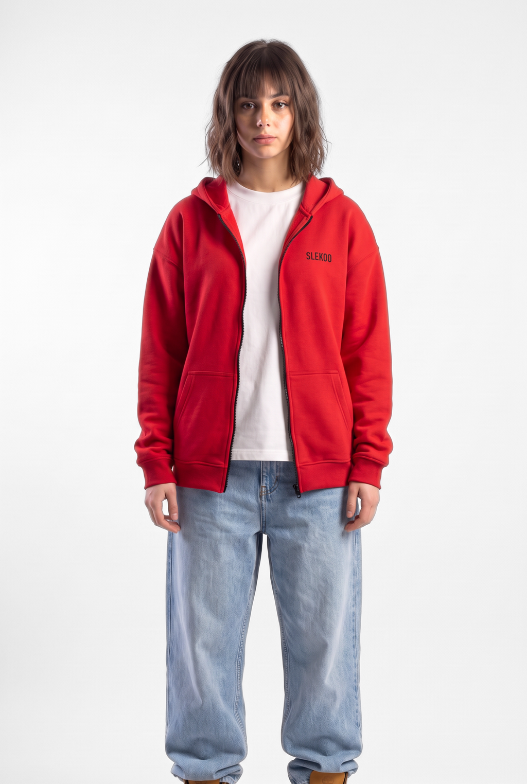 Unisex Red Oversize 2 Way Zipper Hoodie