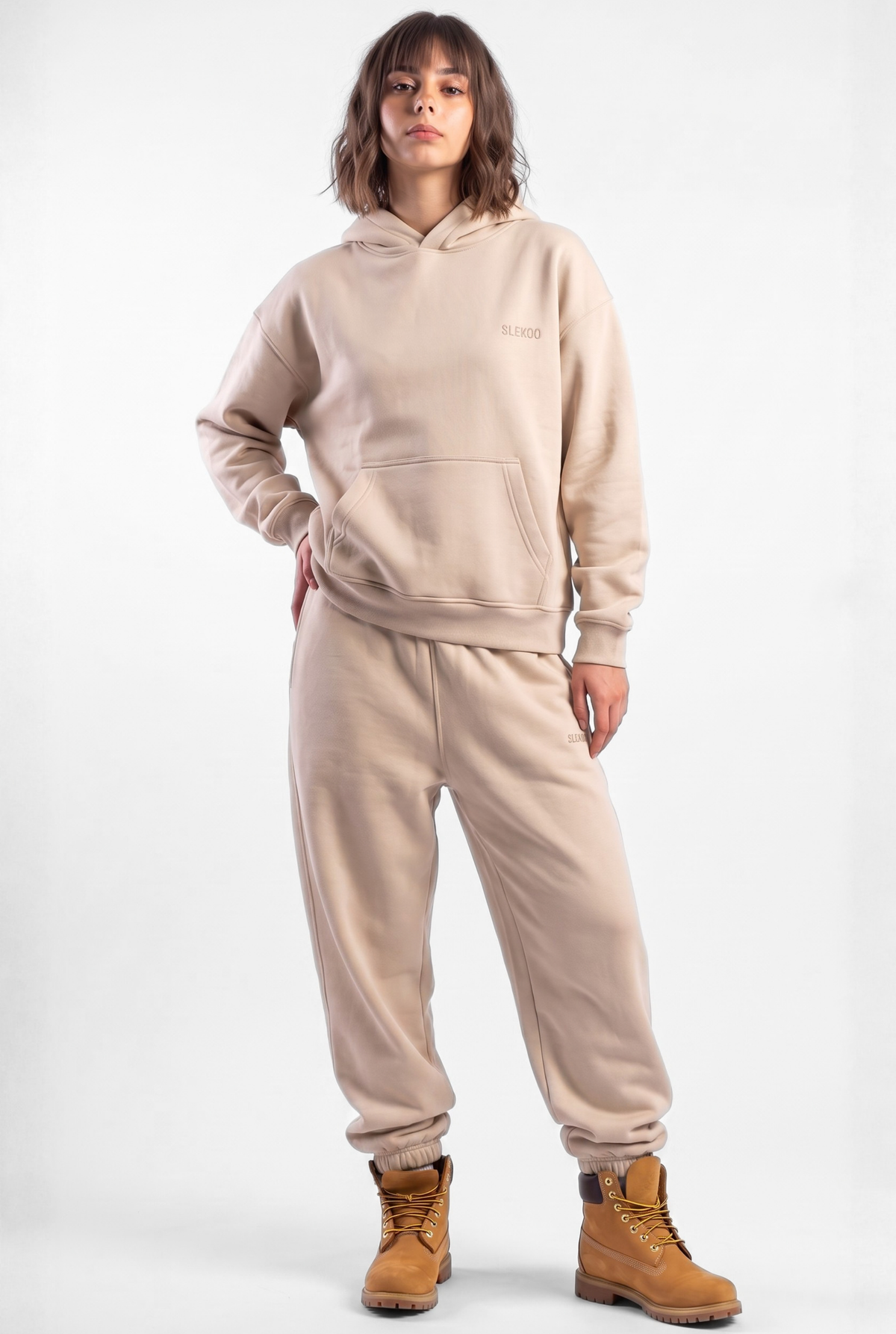 Basics Unisex Beige Tracksuit Oversize Hoodie & Closed Bottom Sweatpants