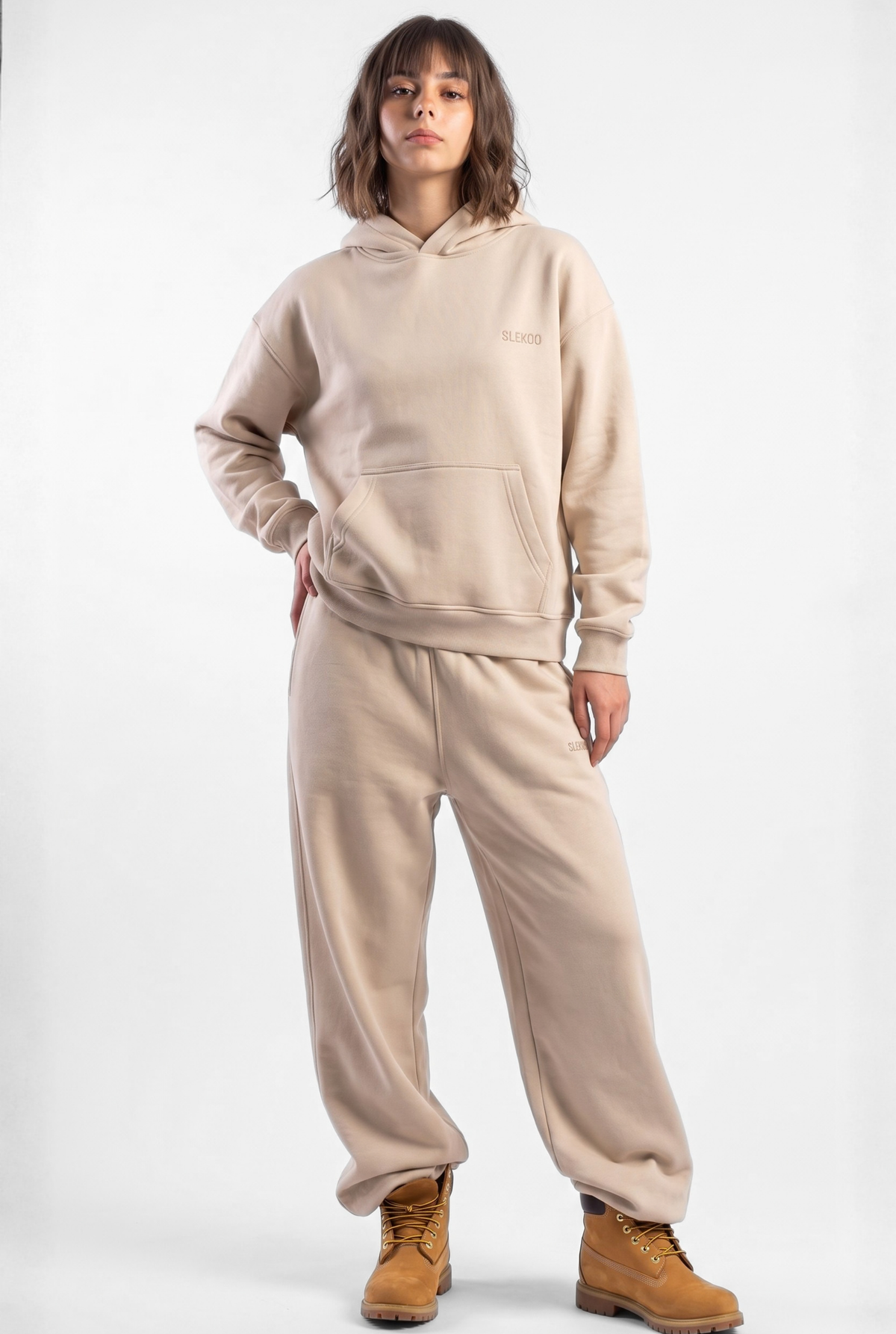 Basics Unisex Beige Tracksuit Oversize Hoodie & Baggy Sweatpants