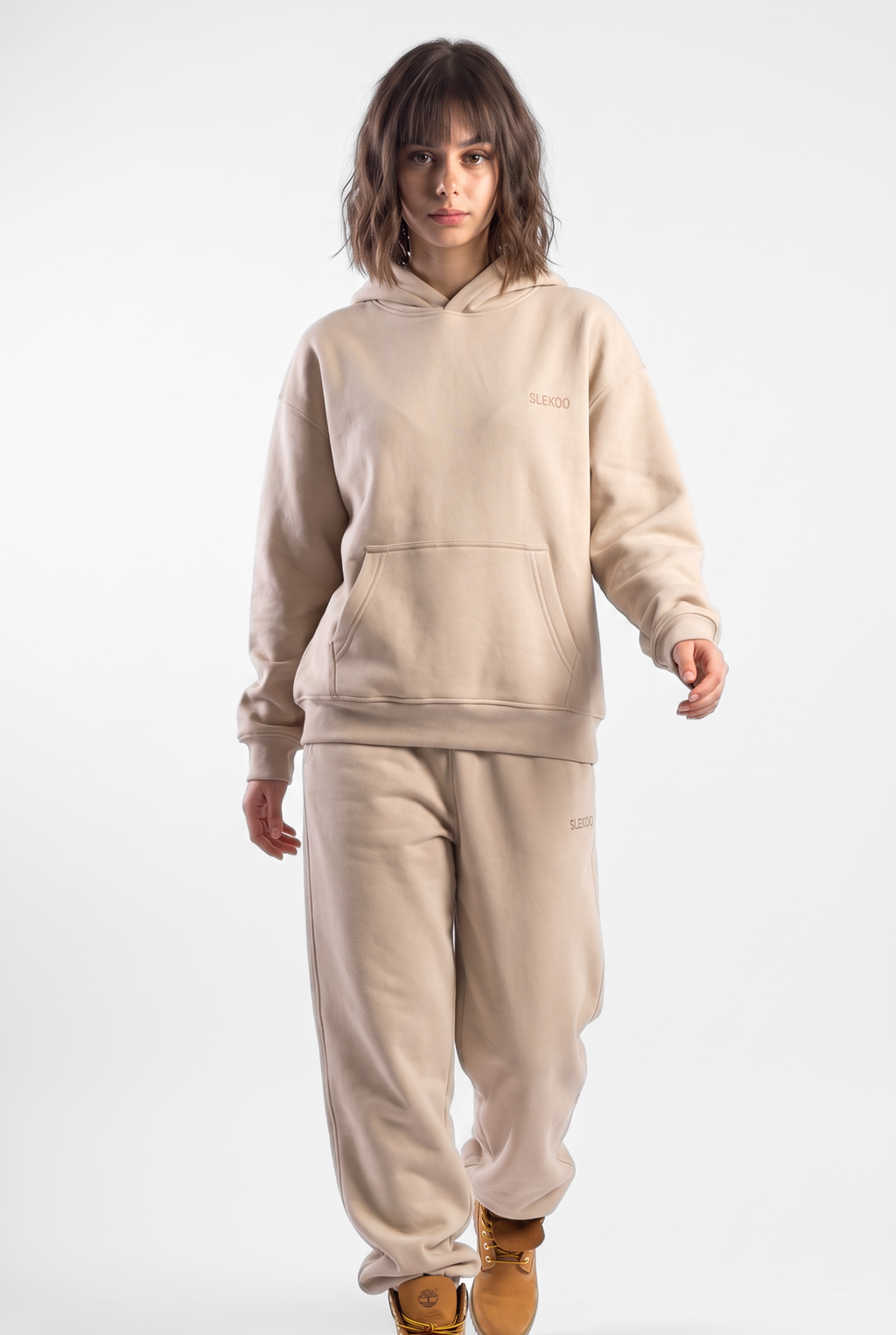 Basics Unisex Beige Tracksuit Oversize Hoodie & Baggy Sweatpants