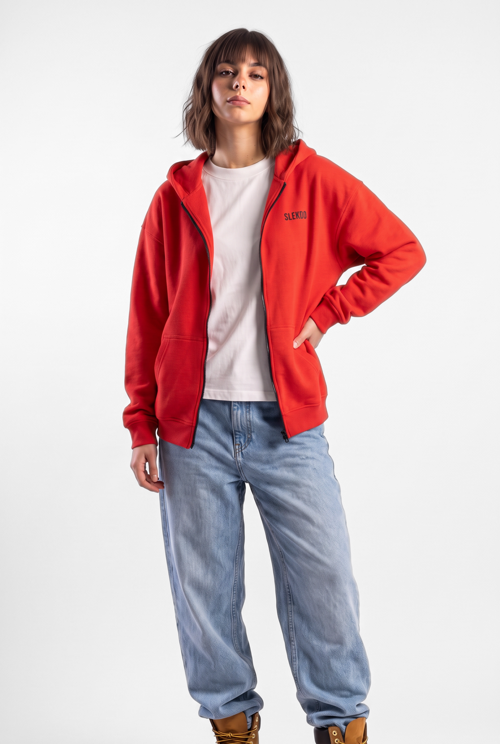 Unisex Red Oversize 2 Way Zipper Hoodie