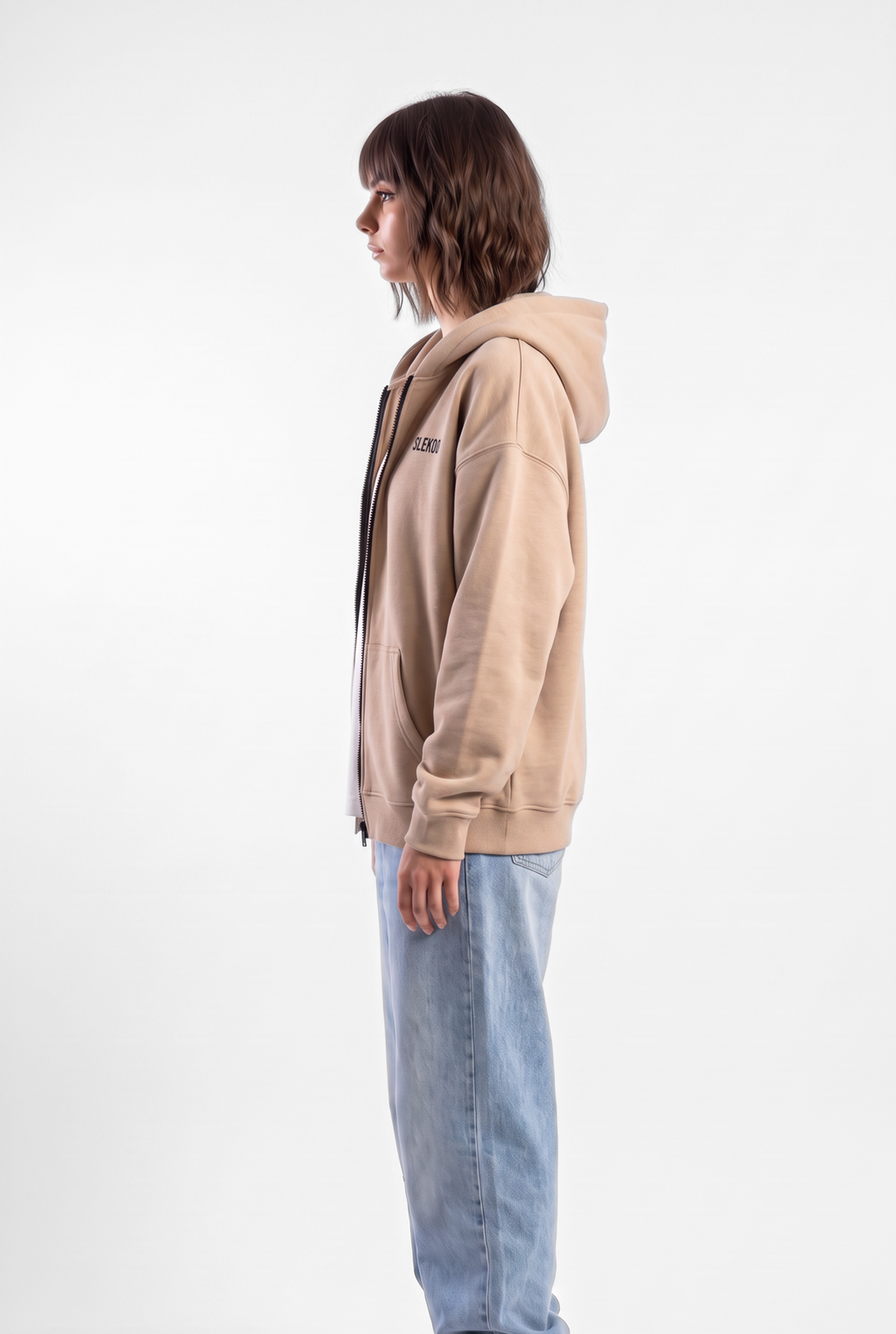 Unisex Beige Oversize 2 Way Zipper Hoodie