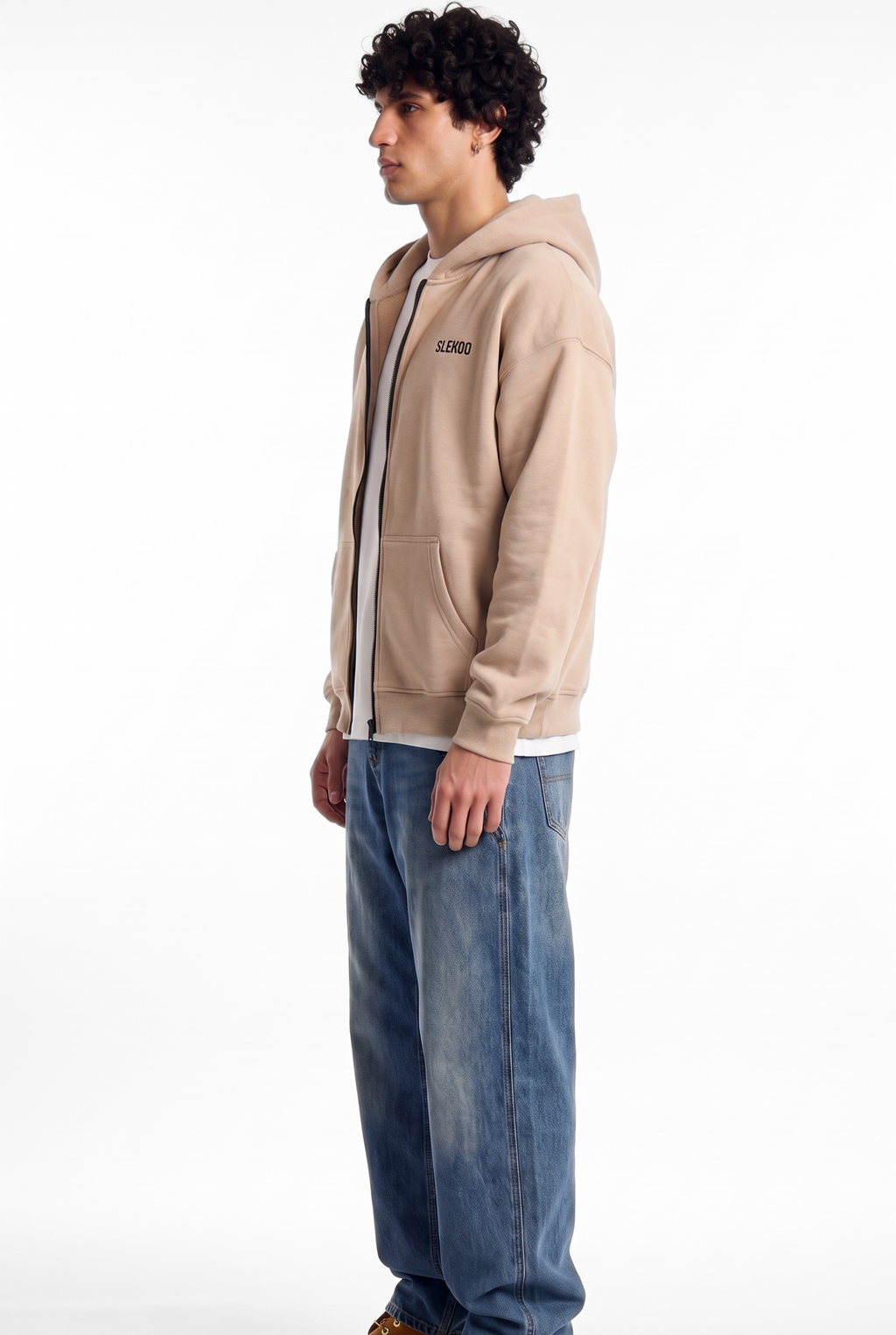 Unisex Beige Oversize 2 Way Zipper Hoodie