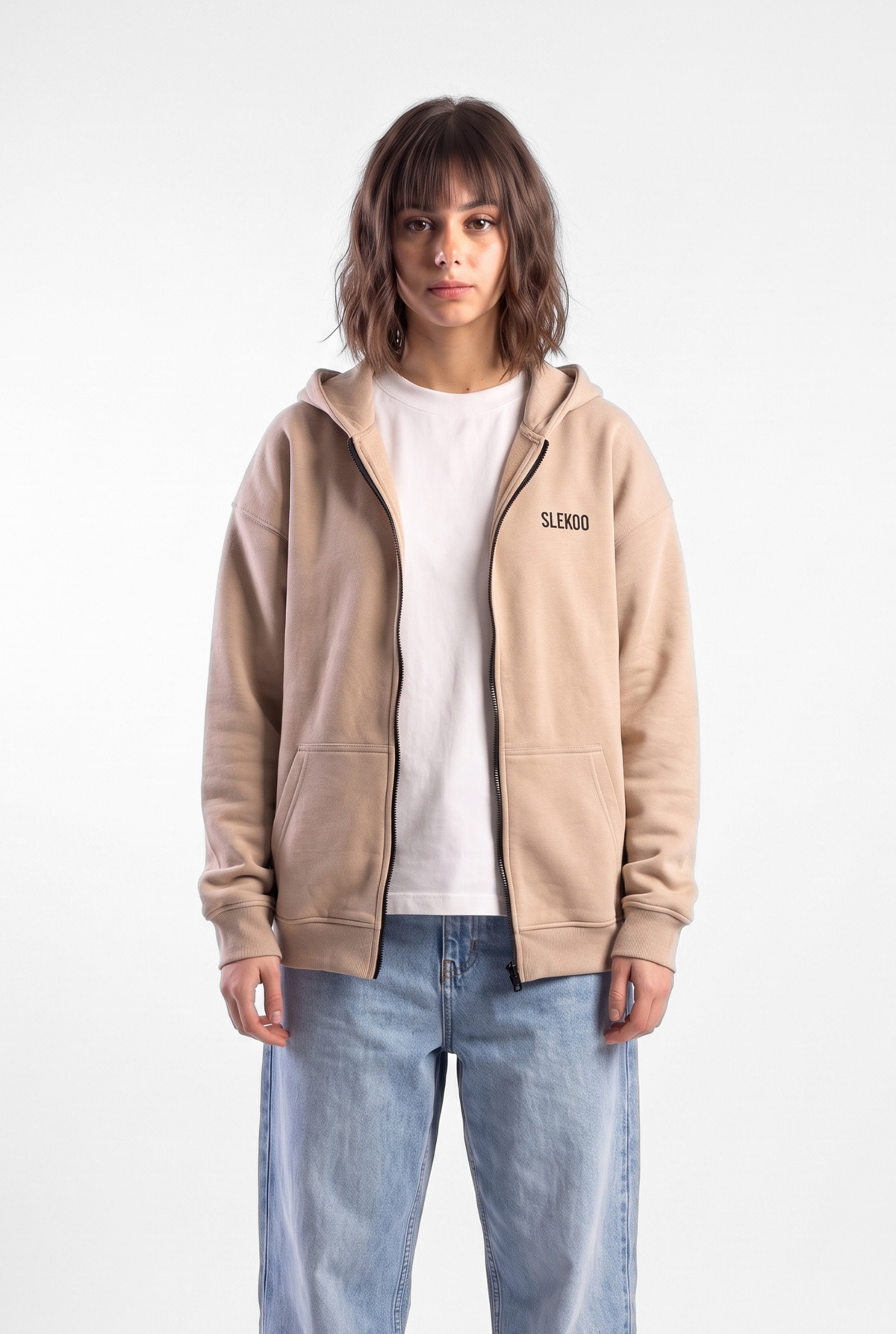 Unisex Beige Oversize 2 Way Zipper Hoodie