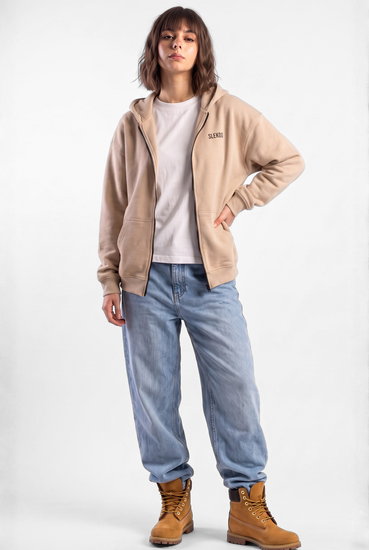 Unisex Beige Oversize 2 Way Zipper Hoodie