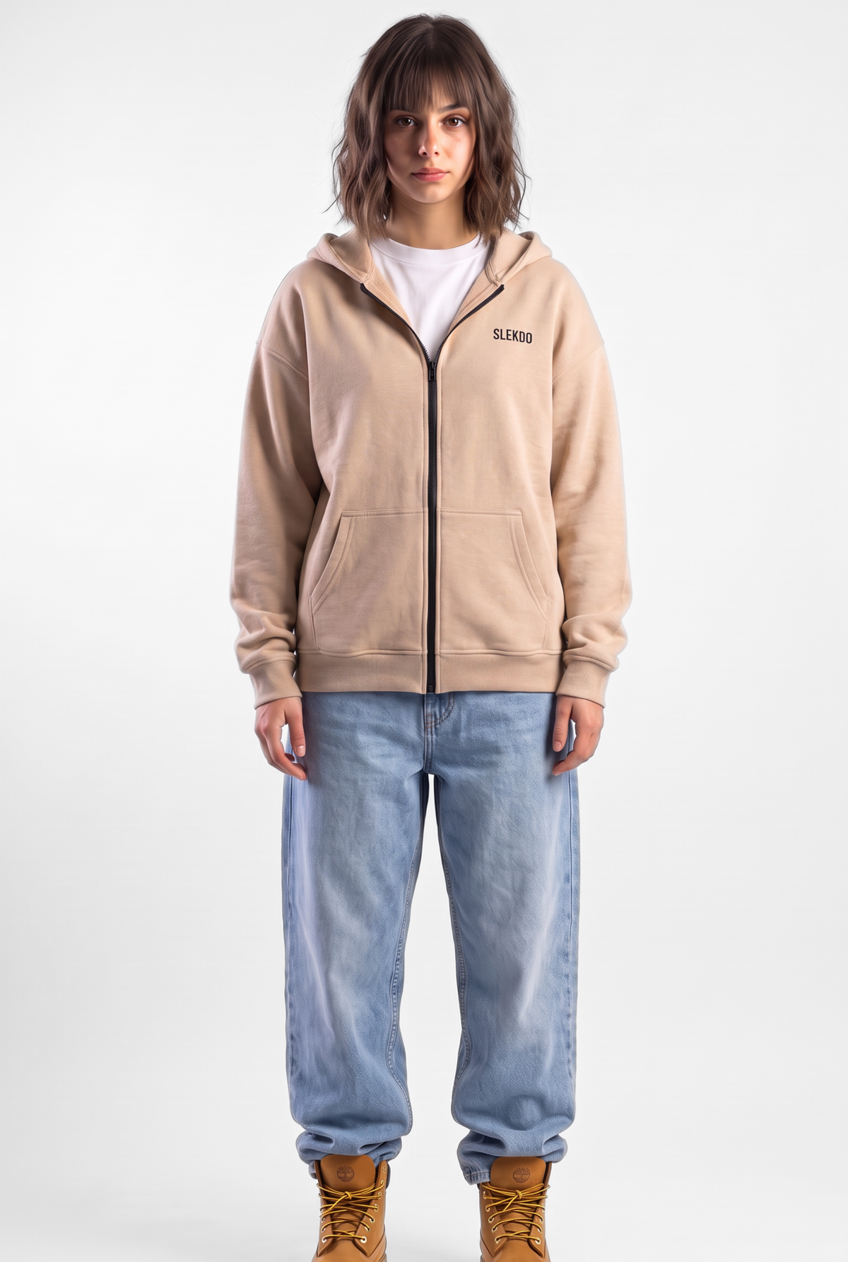 Unisex Beige Oversize 2 Way Zipper Hoodie