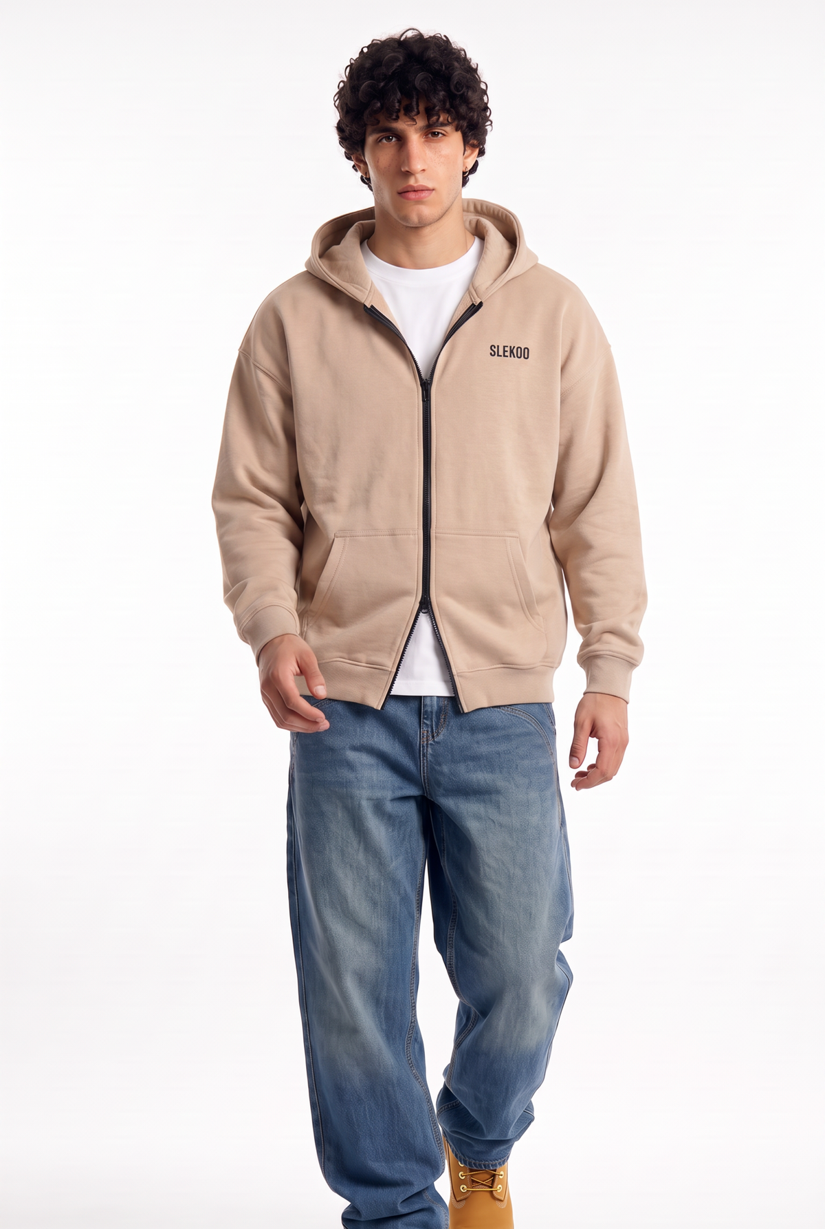 Unisex Beige Oversize 2 Way Zipper Hoodie