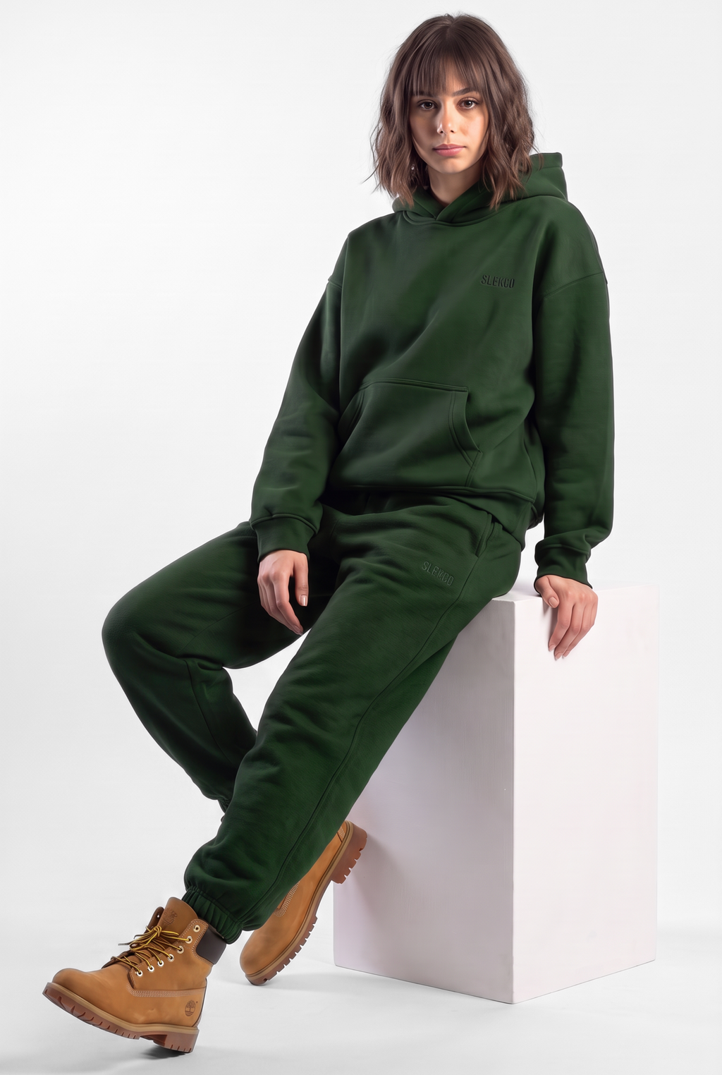 Basics Unisex Deep Green Tracksuit Oversize Hoodie & Closed Bottom Sweatpants