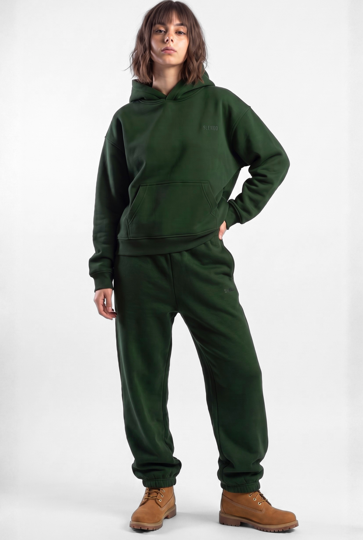 Basics Unisex Deep Green Tracksuit Oversize Hoodie & Closed Bottom Sweatpants