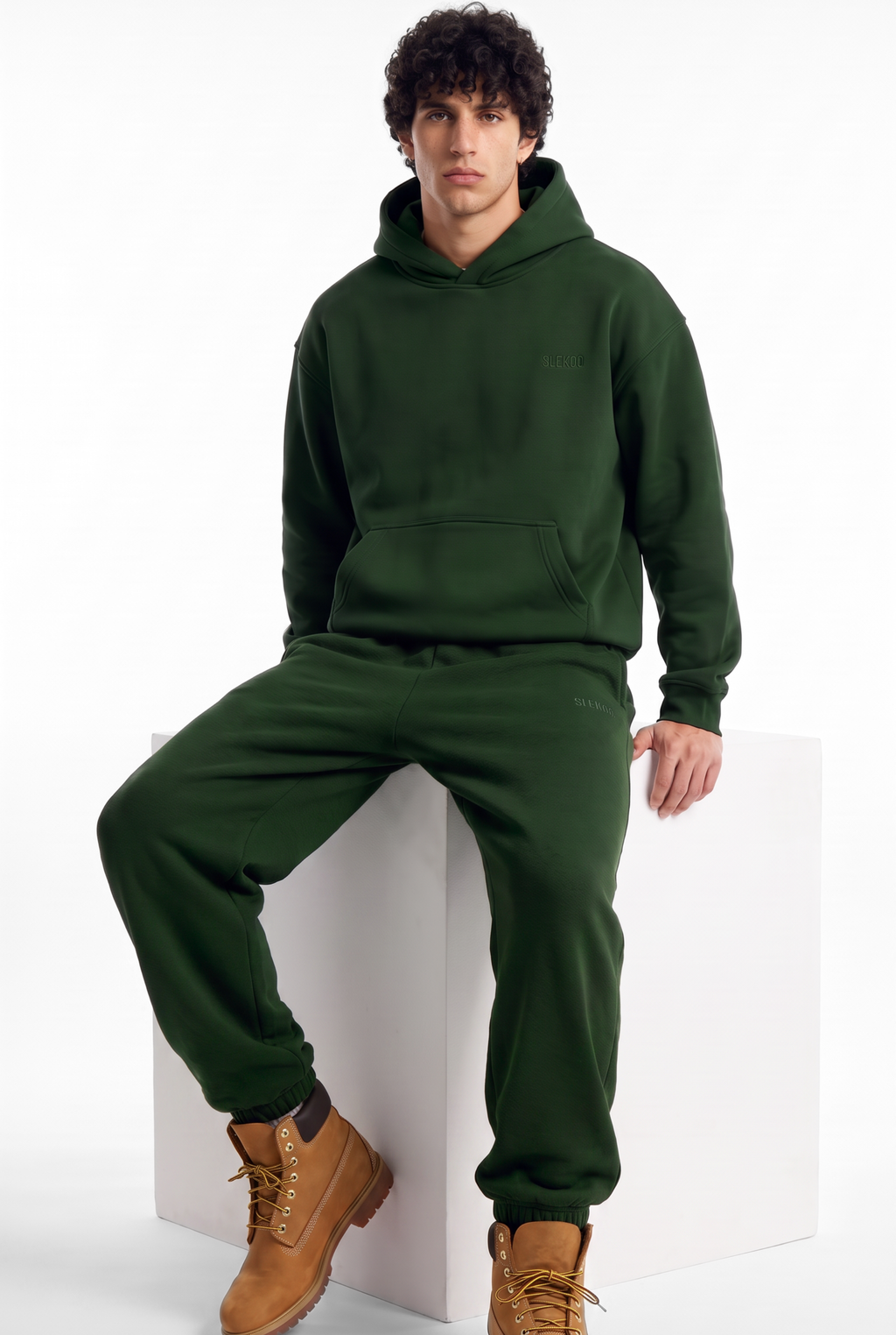 Basics Unisex Deep Green Tracksuit Oversize Hoodie & Closed Bottom Sweatpants