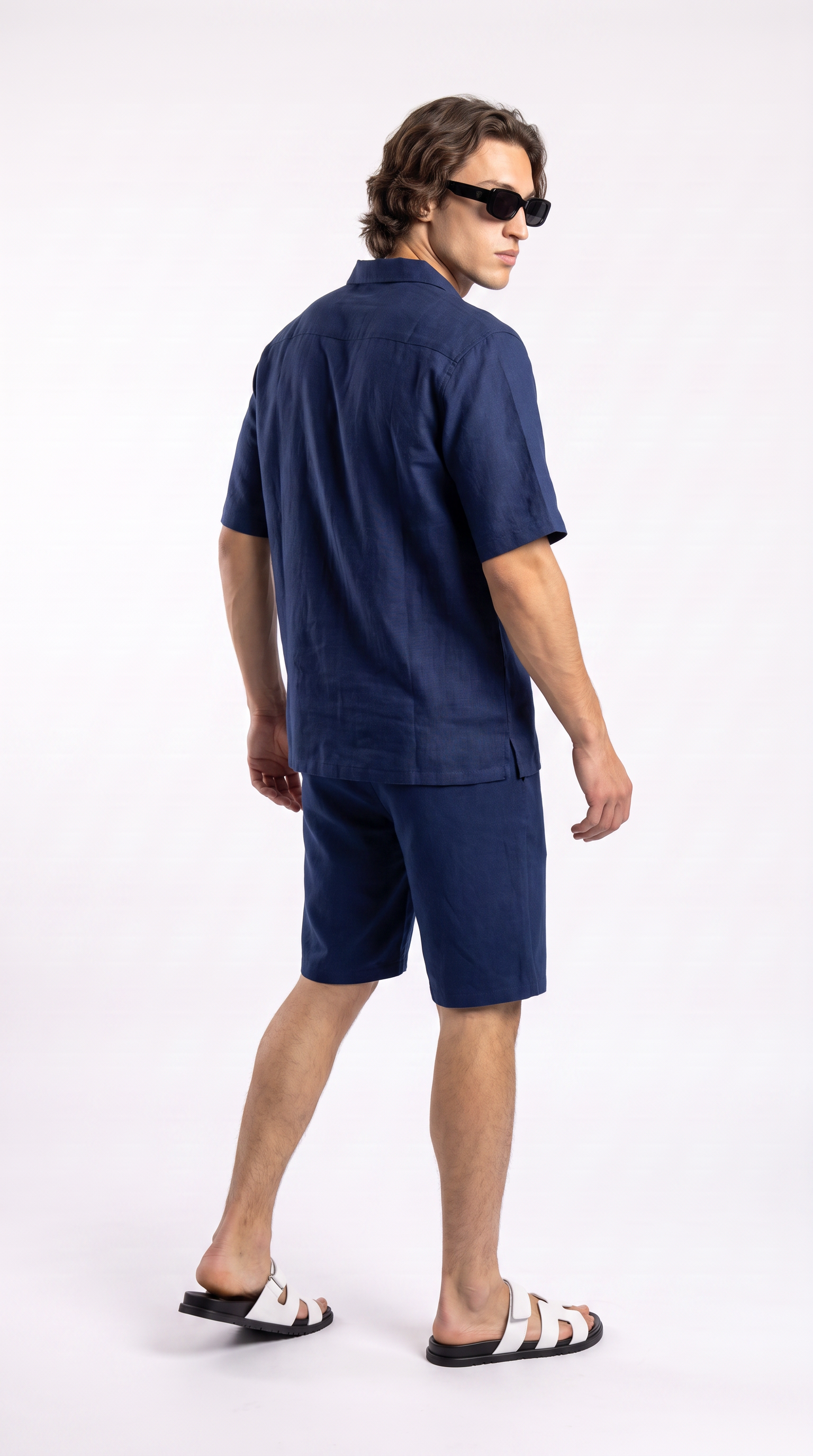 Navy Linen Shirt & Shorts Set