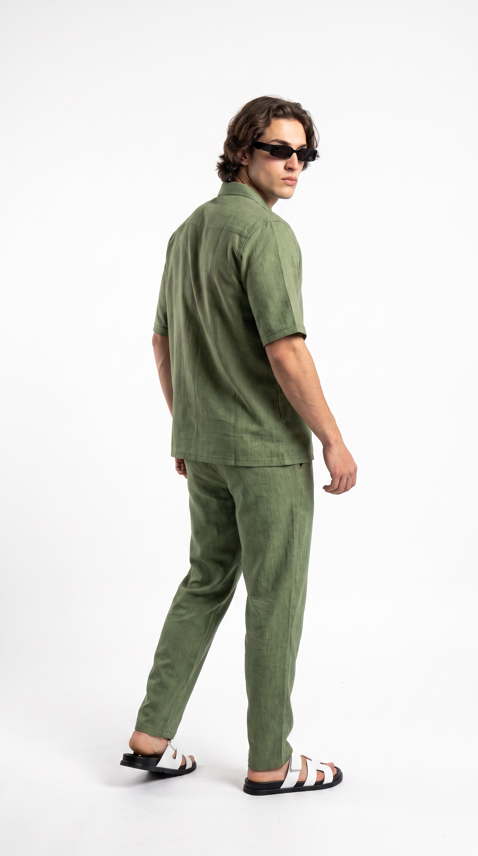 Olive Linen Shirt & Long Pants Set
