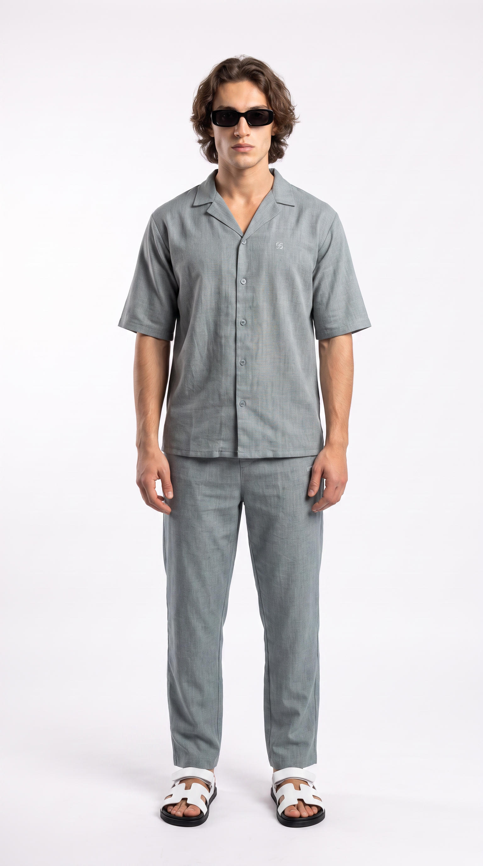 Silver Linen Shirt & Long Pants Set