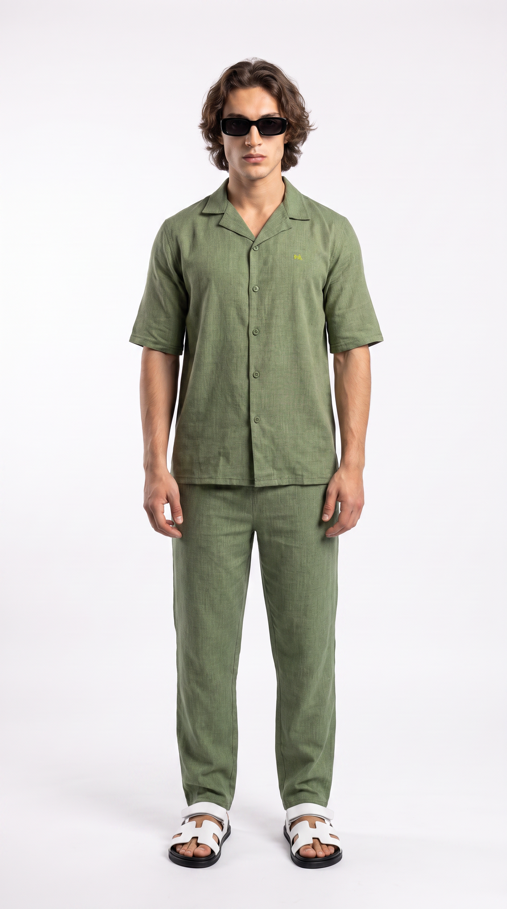 Olive Linen Shirt & Long Pants Set