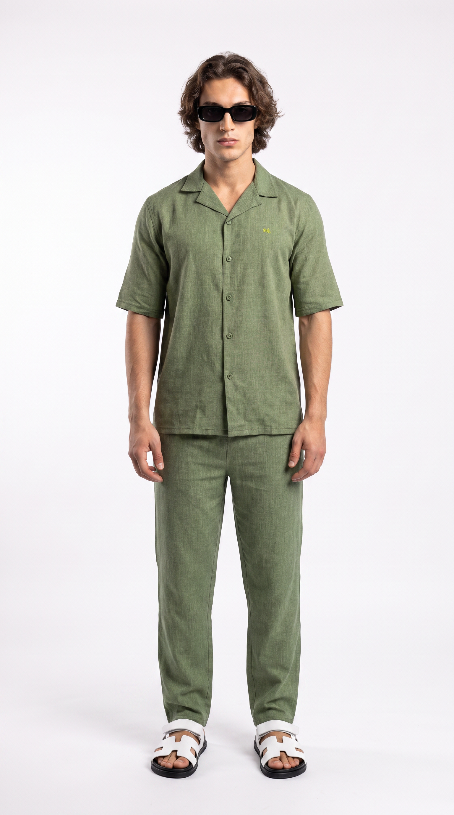 Olive Linen Shirt & Long Pants Set