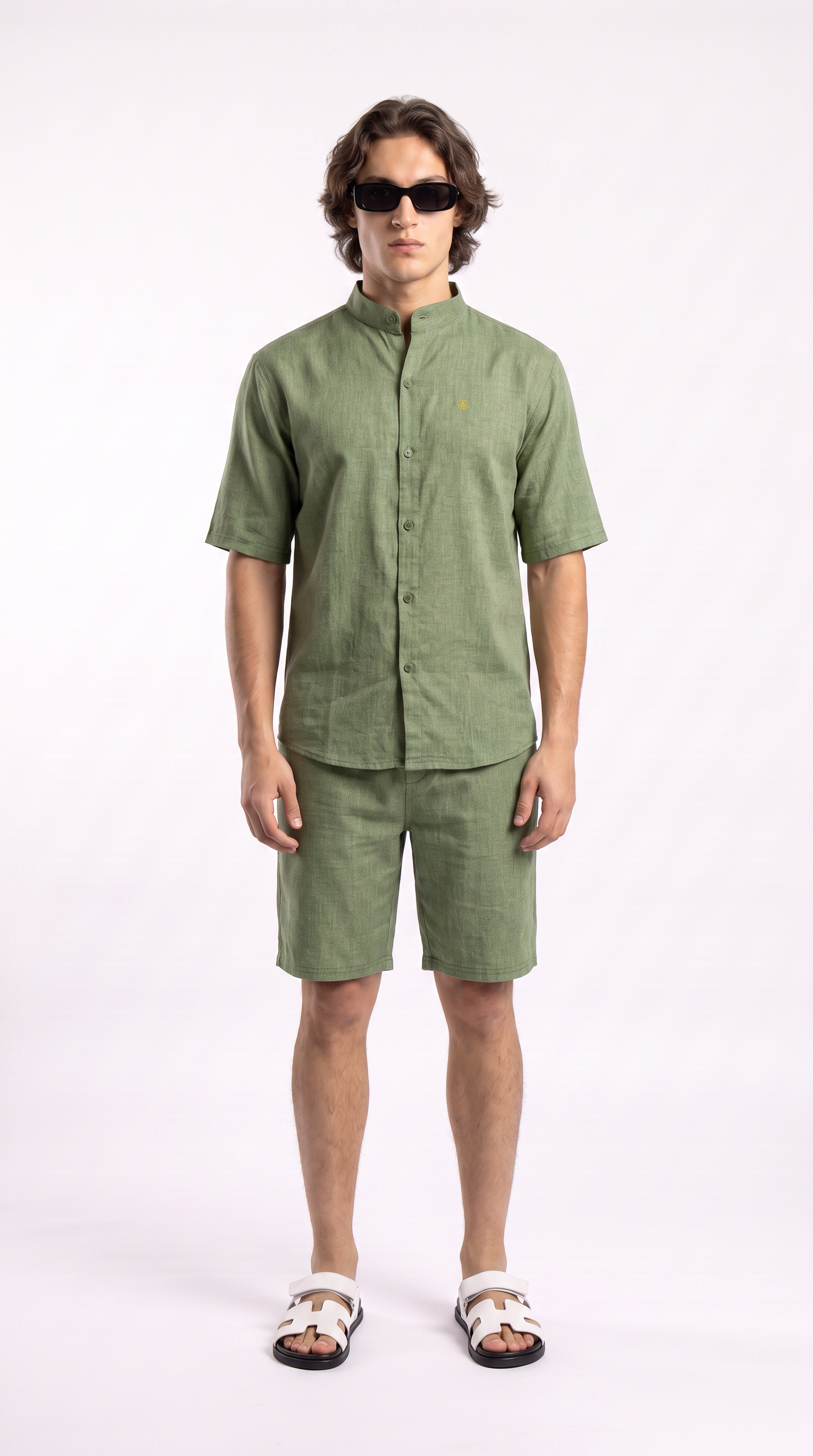 Olive Linen Shirt & Shorts Set