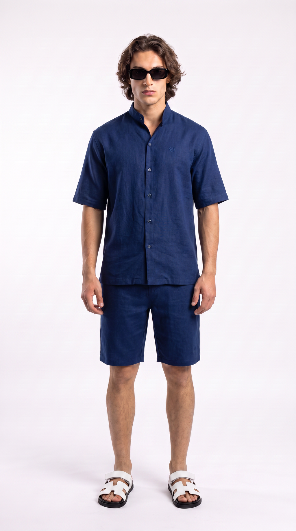 Navy Linen Shirt & Shorts Set