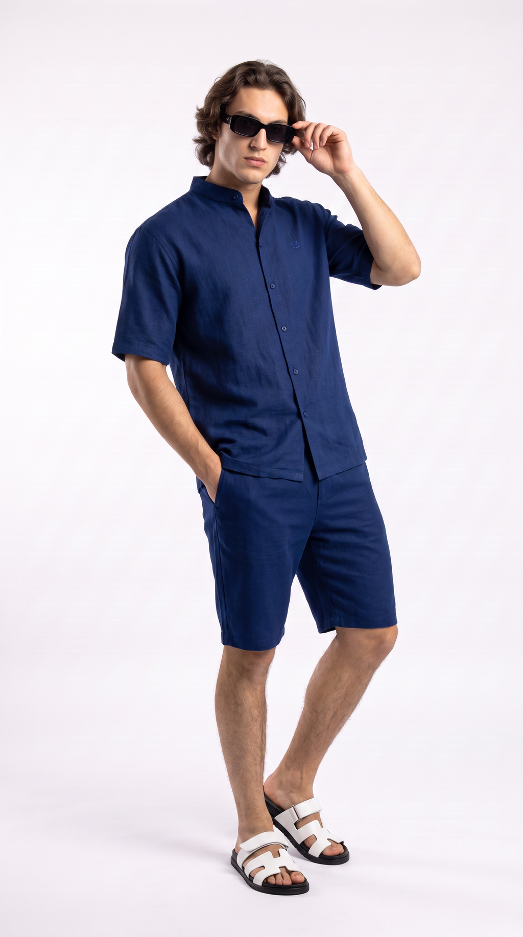 Navy Linen Shirt & Shorts Set