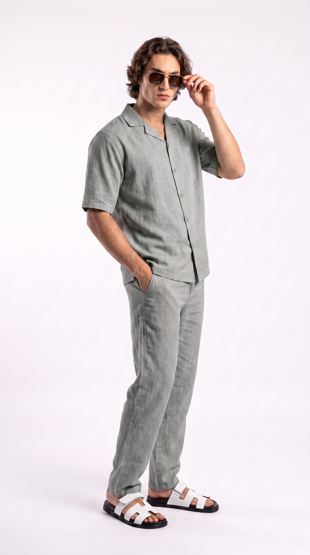 Silver Linen Shirt & Long Pants Set