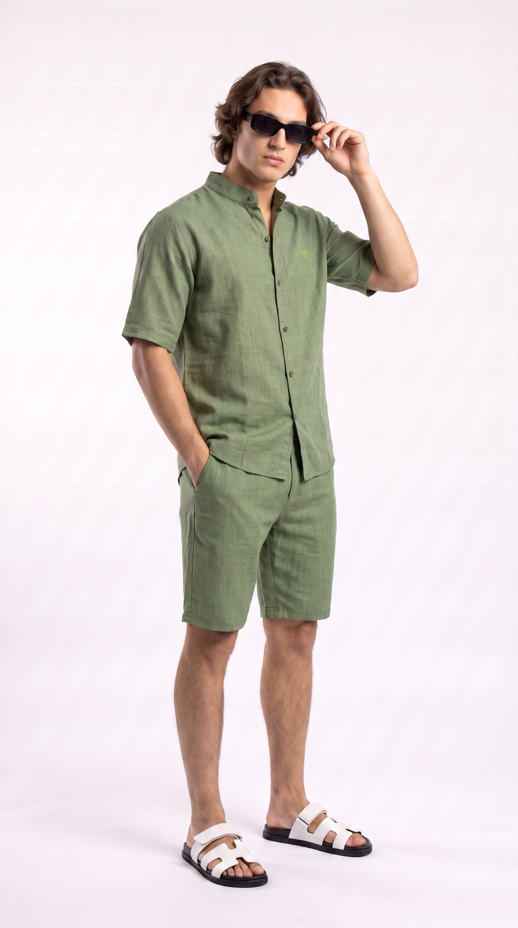 Olive Linen Shirt & Shorts Set