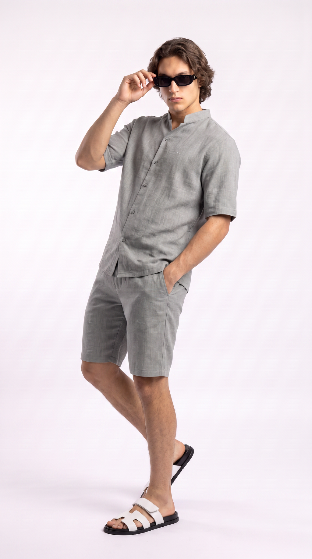 Silver Linen Shirt & Shorts Set