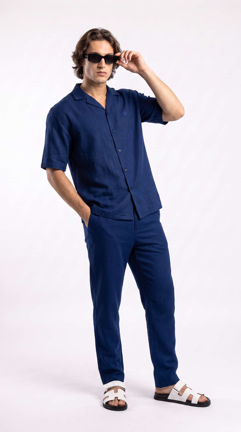 Navy Linen Shirt & Long Pants Set