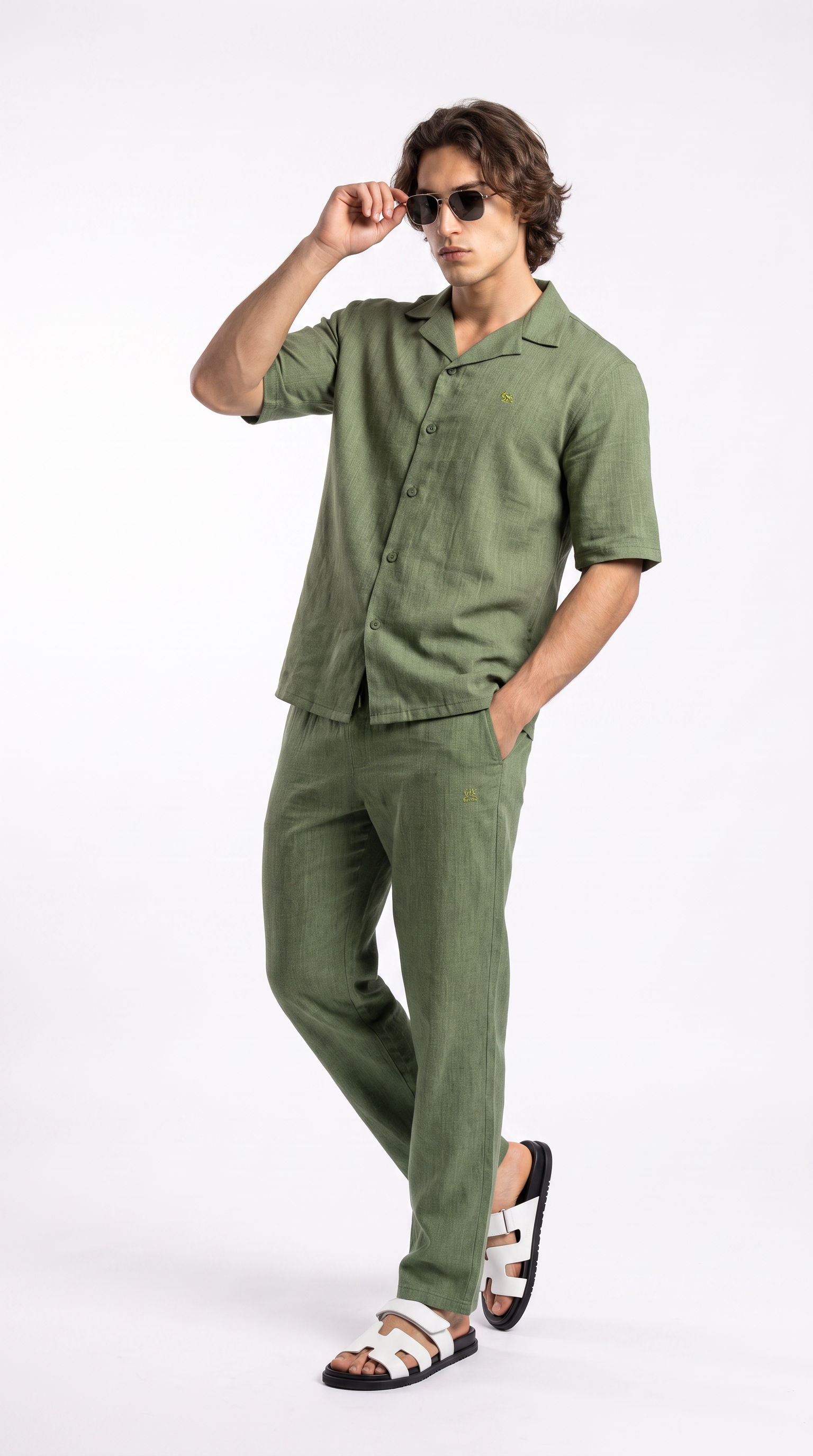 Olive Linen Shirt & Long Pants Set