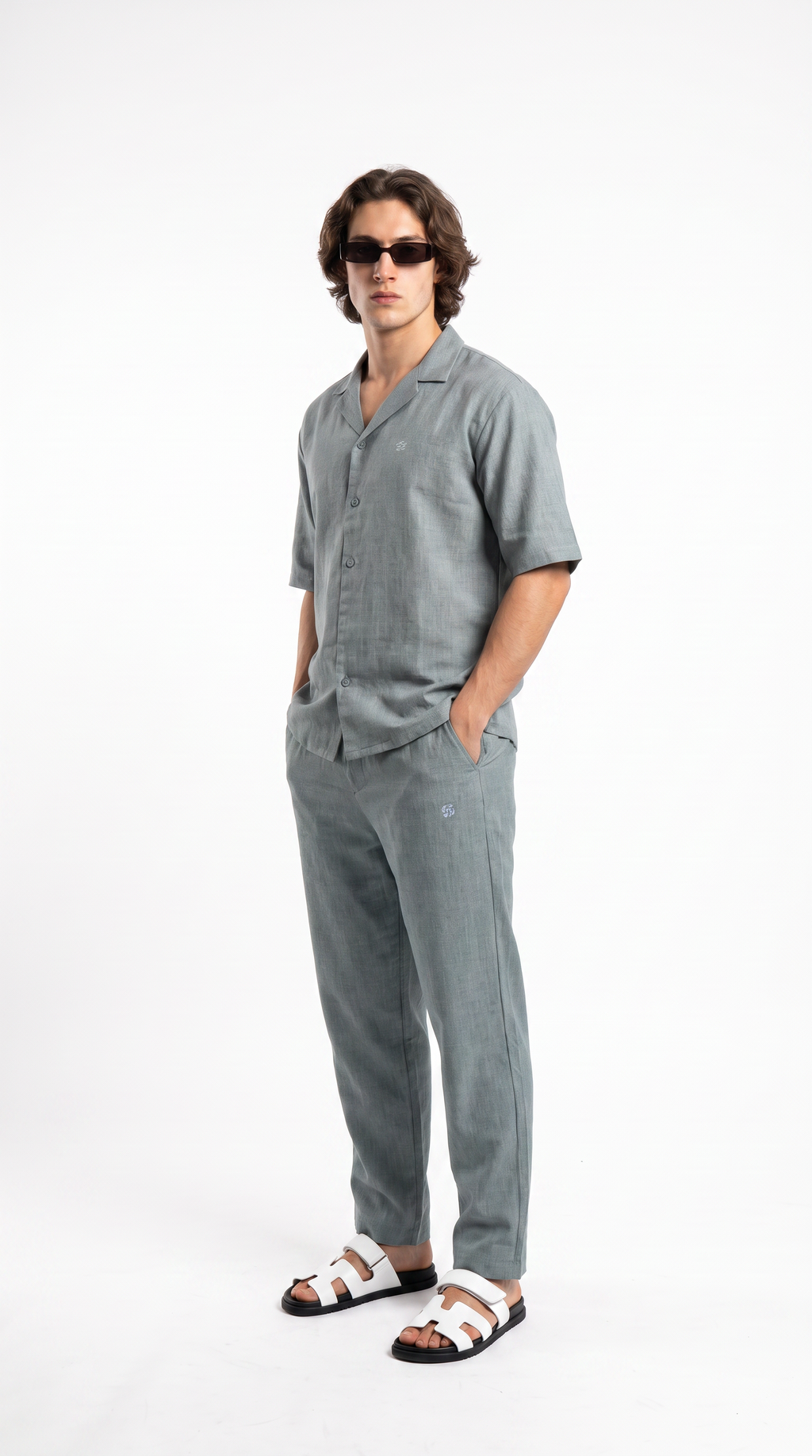 Silver Linen Shirt & Long Pants Set