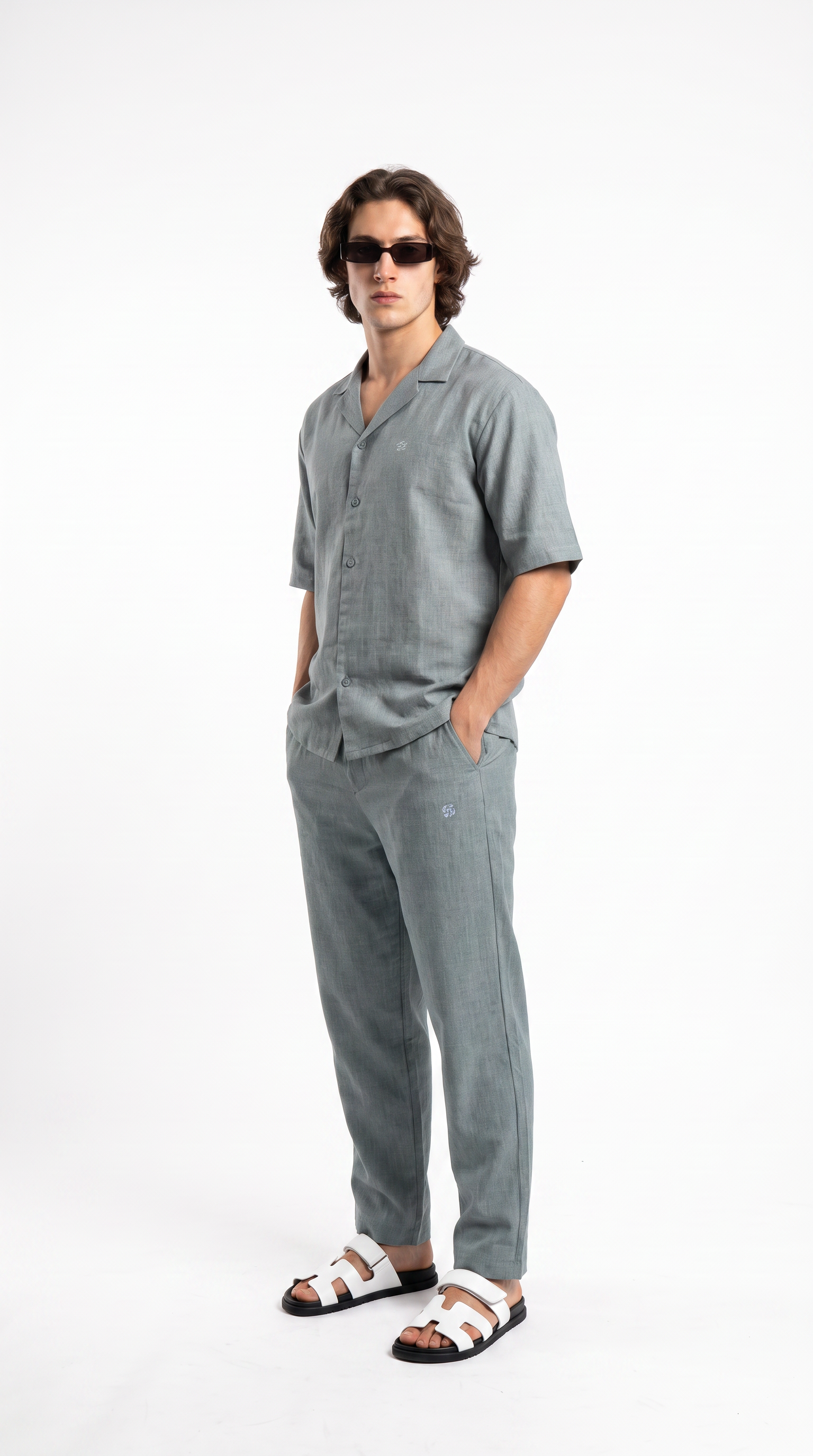 Silver Linen Shirt & Long Pants Set