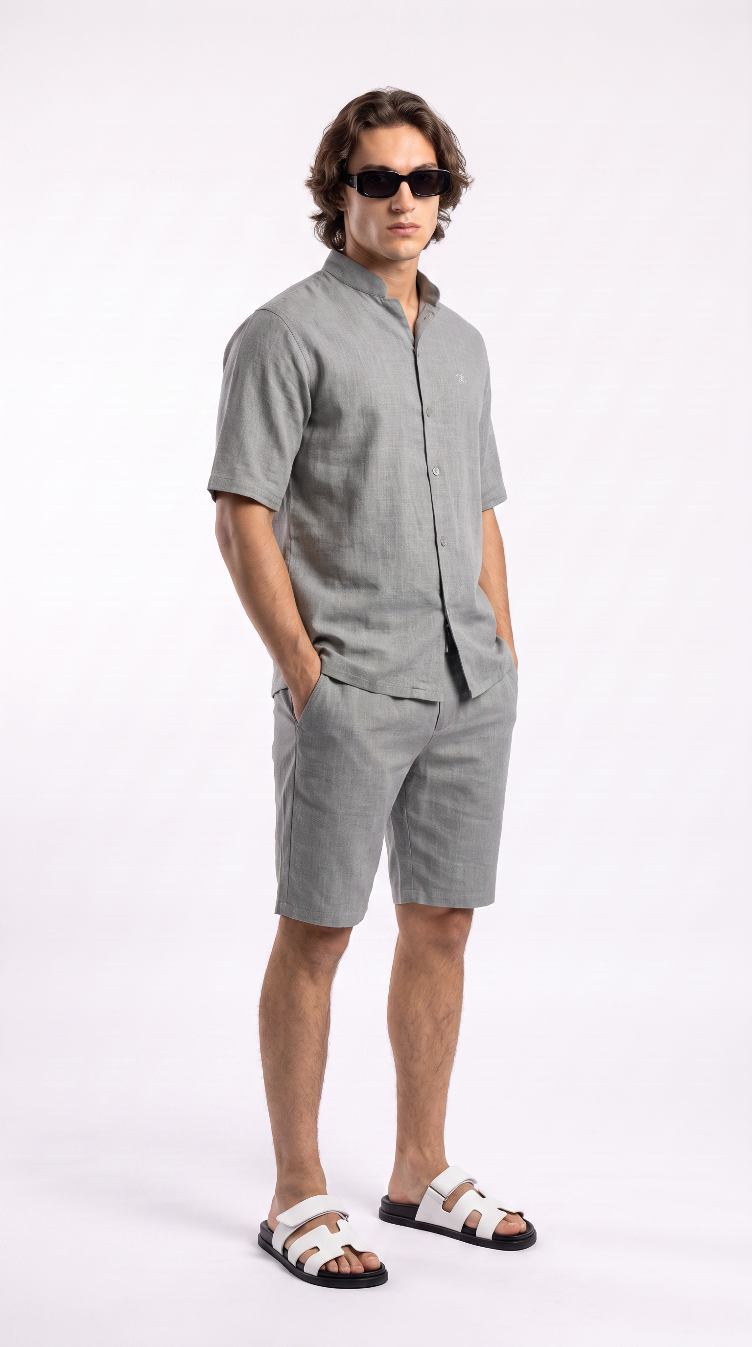 Silver Linen Shirt & Shorts Set