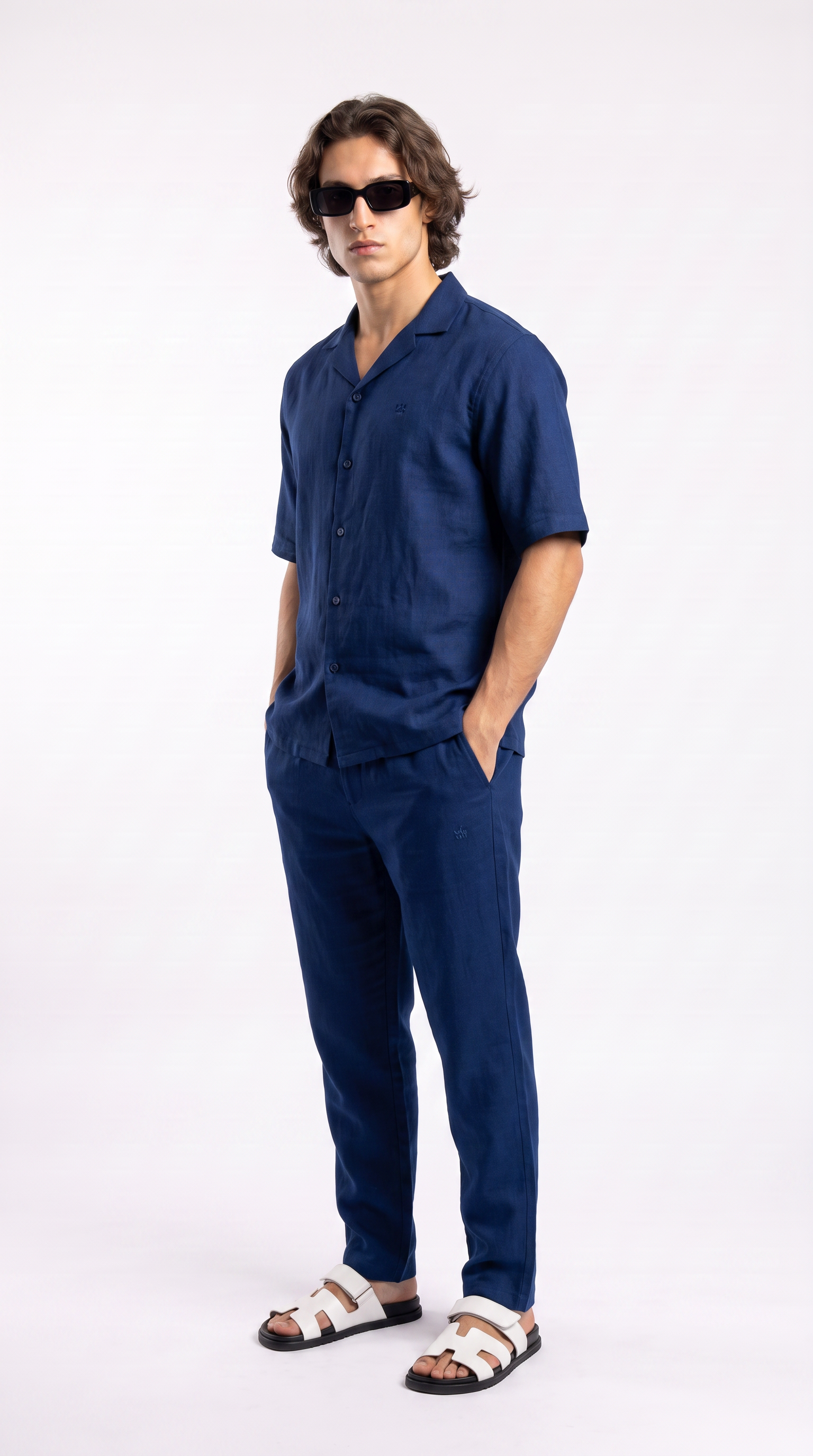 Navy Linen Shirt & Long Pants Set
