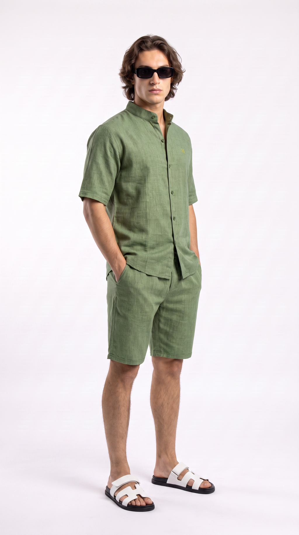 Olive Linen Shirt & Shorts Set